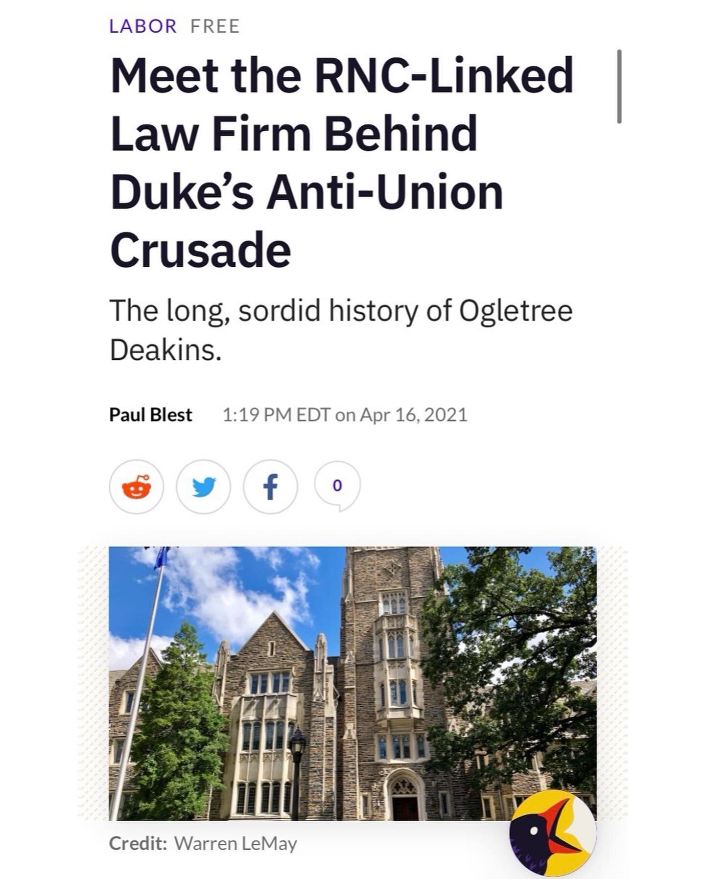 Now on @discourseblog: read about how @dukeuniversity has hired a racist, anti-immigrant, anti-worker law firm to bust our organizing. Please amplify our call: We demand that Duke cut ties with Ogletree Deakins immediately. 🚨📢