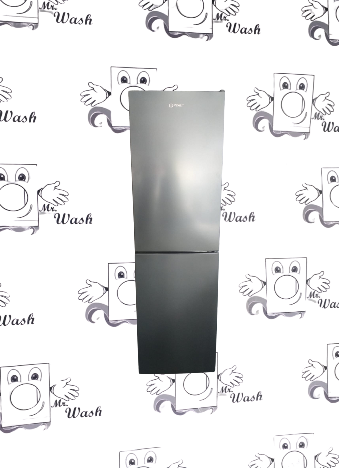 A tall, two-tone refrigerator with a metallic upper section and a dark lower section, positioned in front of a decorative wall with cartoon washing machine characters and the words 'Mr. Wash'.