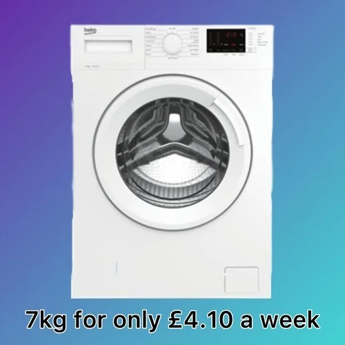 Front view of a white front-loading washing machine with control panel, against a blue and purple gradient background.