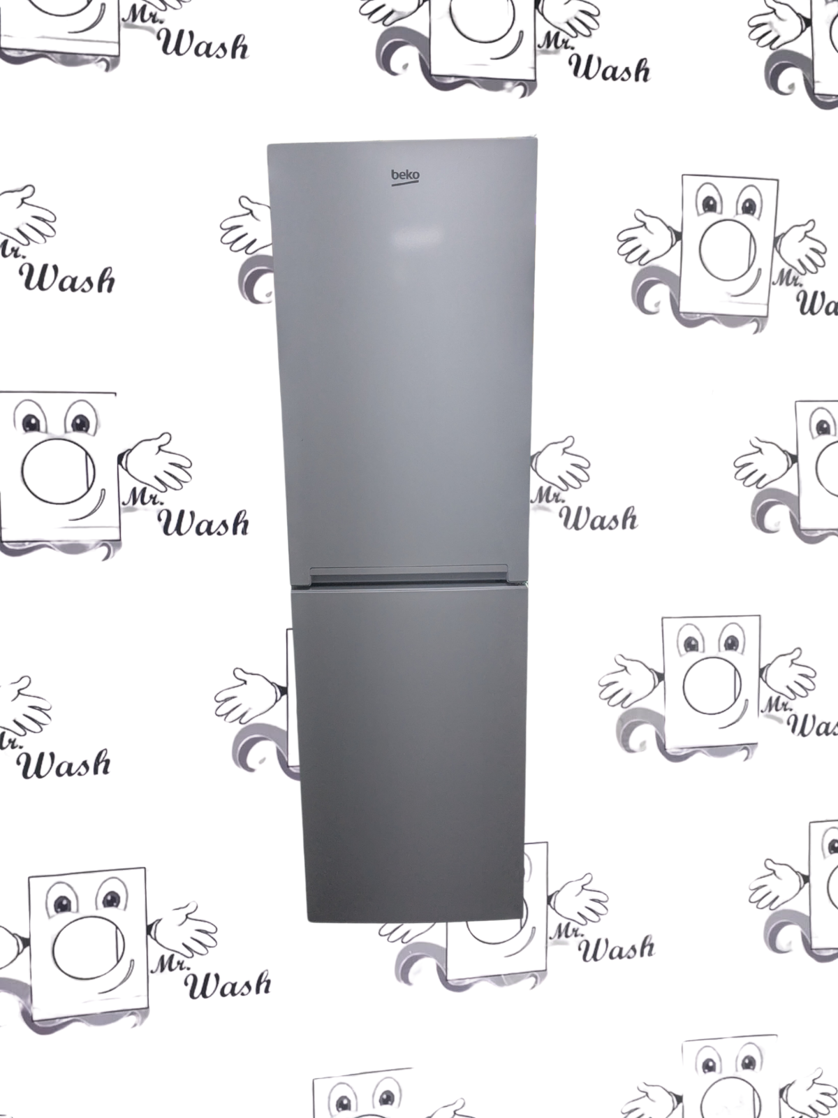 Gray Beko refrigerator with top and bottom compartments, standing in front of a cartoon-themed wallpaper featuring washing machines with faces and outstretched cartoon hands, with the words "Mr. Wash".