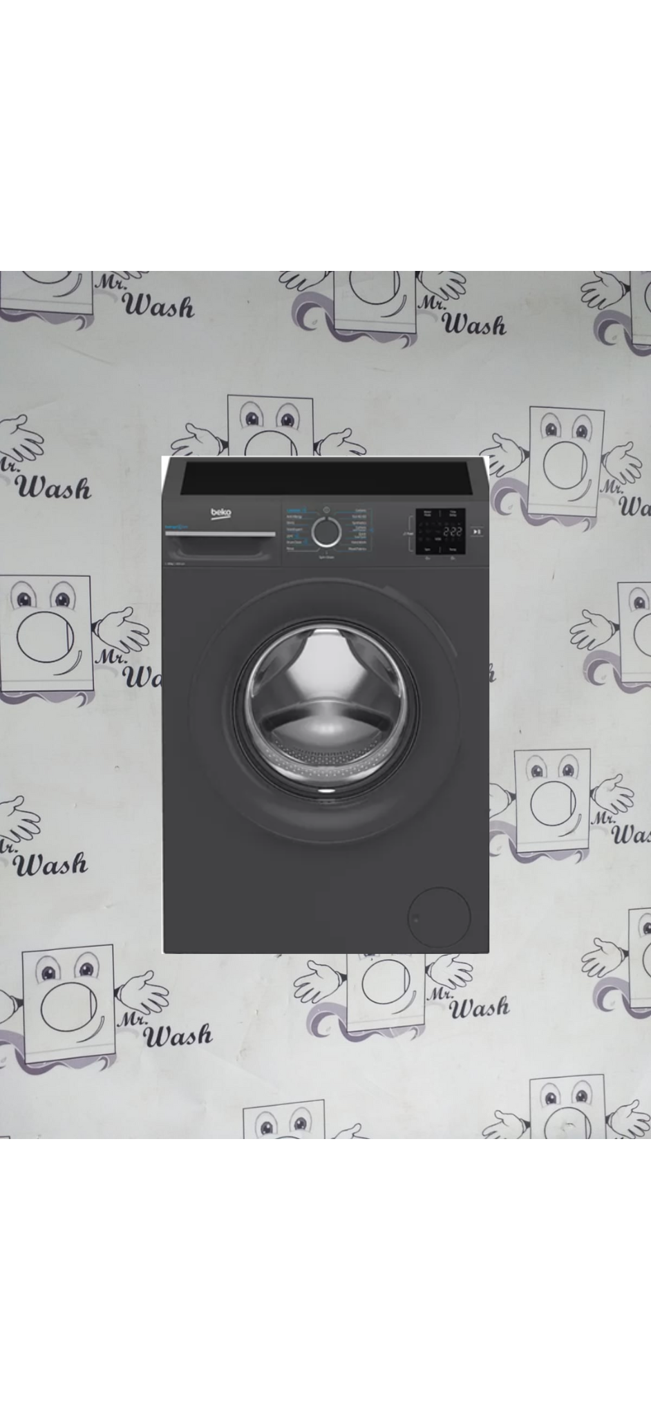 Front view of a black Beko front-loading washing machine on a wall with washing machine cartoon illustrations and the word 'Wash'.