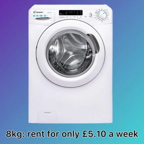 White front-loading washing machine with digital display and control knob, set against a blue and purple gradient background. Text indicates 8kg capacity, rent for £5.10 a week.