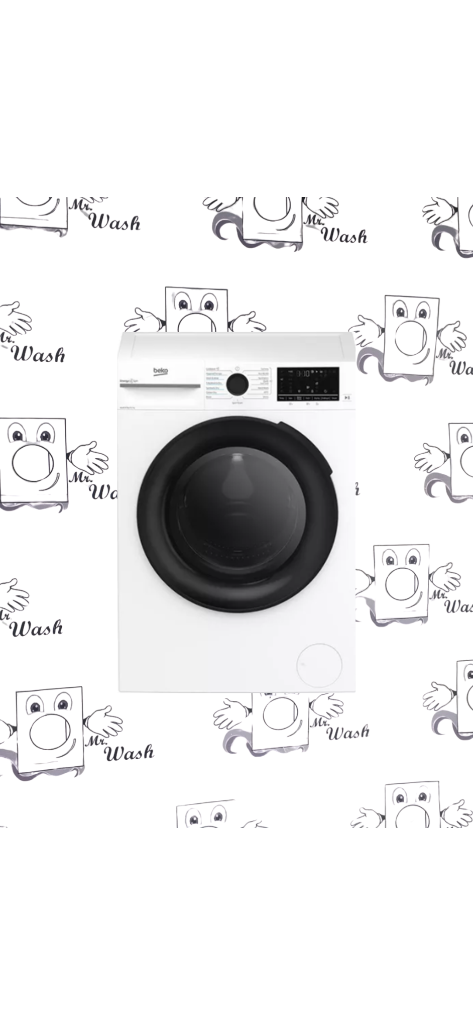 Front view of a white washing machine with a black door, control panel, and digital display, placed in front of a wall with cartoon laundry mascot graphics and the text 'Mr. Wash'.