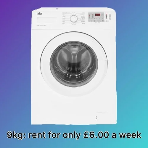 White front-loading washing machine with control panel, set against a gradient background, with text indicating 9 kg capacity and rental price of £6 per week.