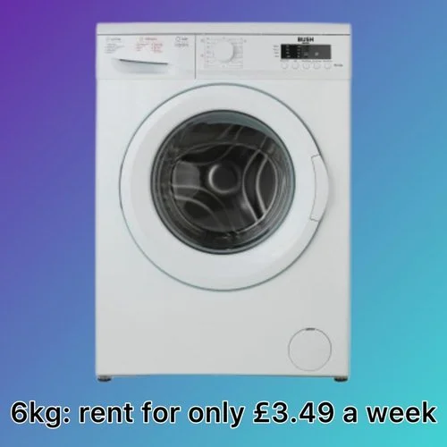 White front-loading washing machine against a gradient background, with rental price and weight limit text.