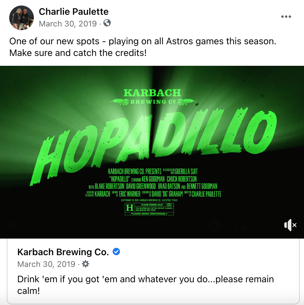 New Television/Streaming Spots for Karbach. I wrote the initial creative brief and managed all creative and execution decisions. Production by Guerilla Suit - Austin, Texas