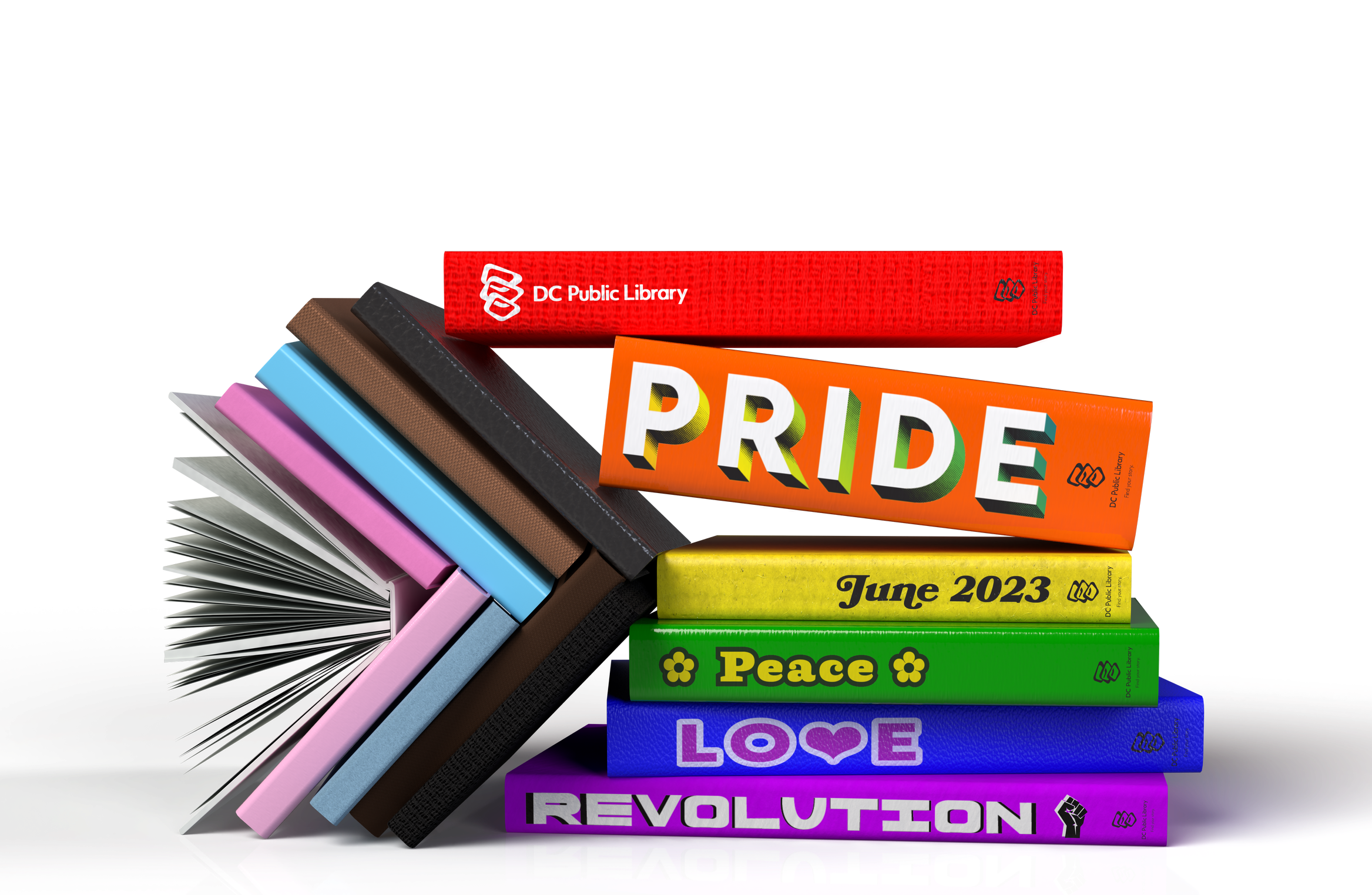 It surprised me that the major stock sites didn't have book spines arranged like the progress pride flag, so I learned 3D modeling.