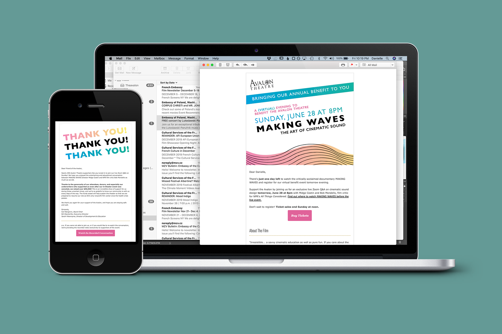 Responsive email designs for rescheduled, virtual event.