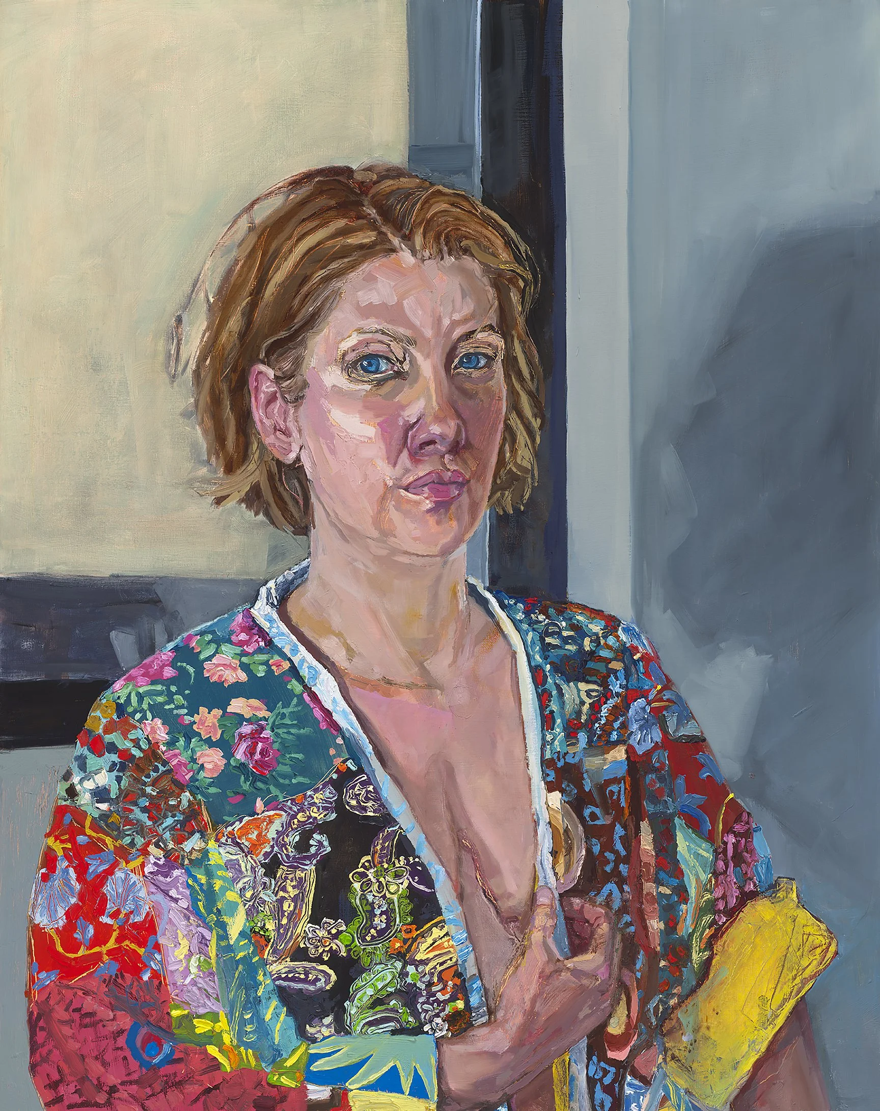 Self-portrait at 42: in my Birthday Robe with my Lumpectomy Scar, Oil on Birch Panel, 30 x 24 inches, 2025