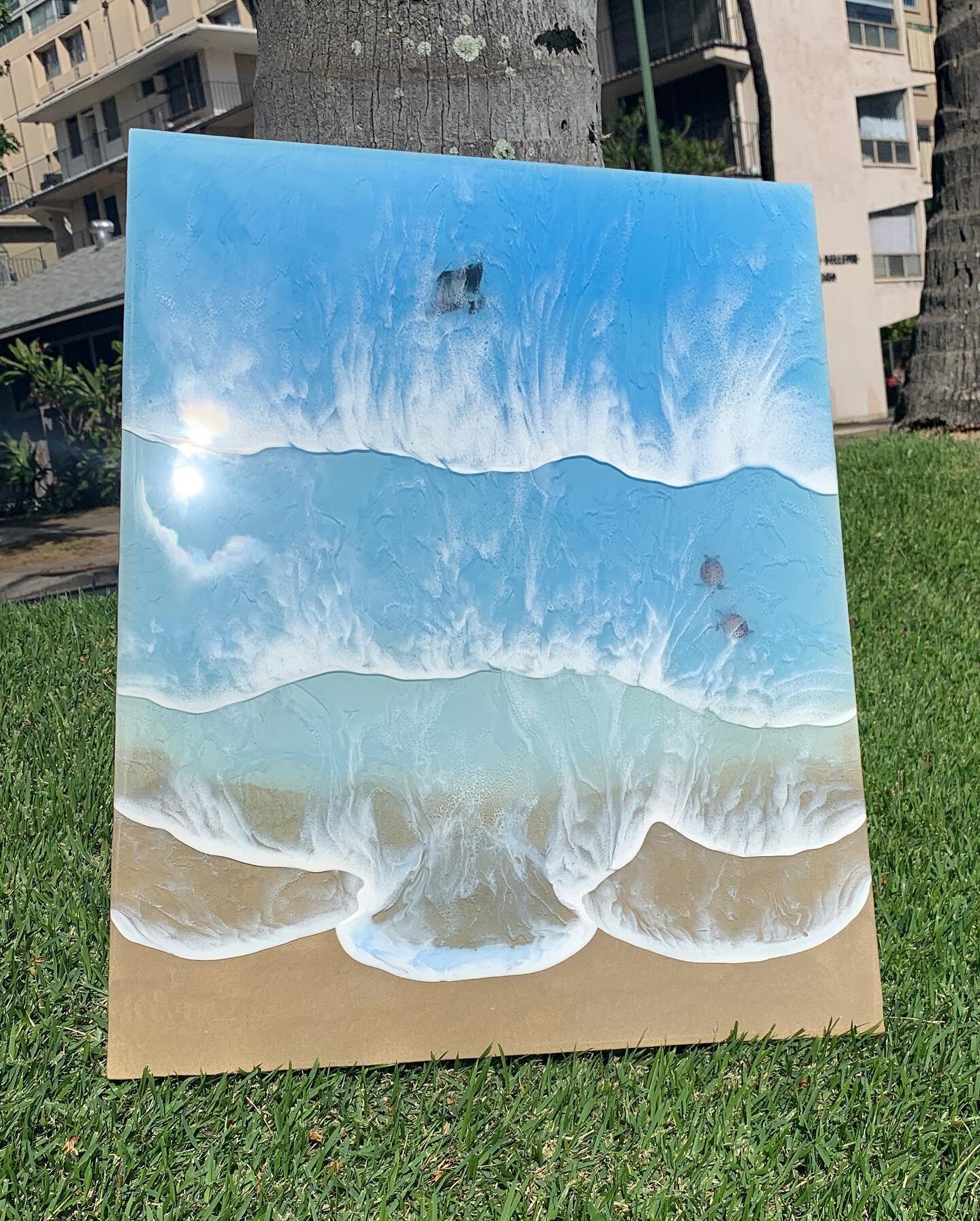 AVAILABLE!!!
20x25&rdquo; artist panel with dancing honu (turtles) playing in the waves and a manta cruising by in the distance. There&rsquo;s nothing more peaceful than watching one of those majestic giants glide past you while diving. They soar pas
