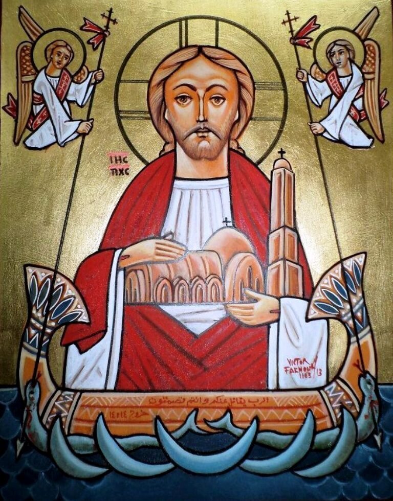 2017.1.3   “The Lord will fight for you, and you shall hold your peace.”   7  May 2013 
By: Victor A. Fakhoury 
Tempera on wood, 35cm x 25cm 
Inspired by and inscribed on boat: 
Isaiah 49:15-16, Exodus 14:14 Replica of original icon in the collection