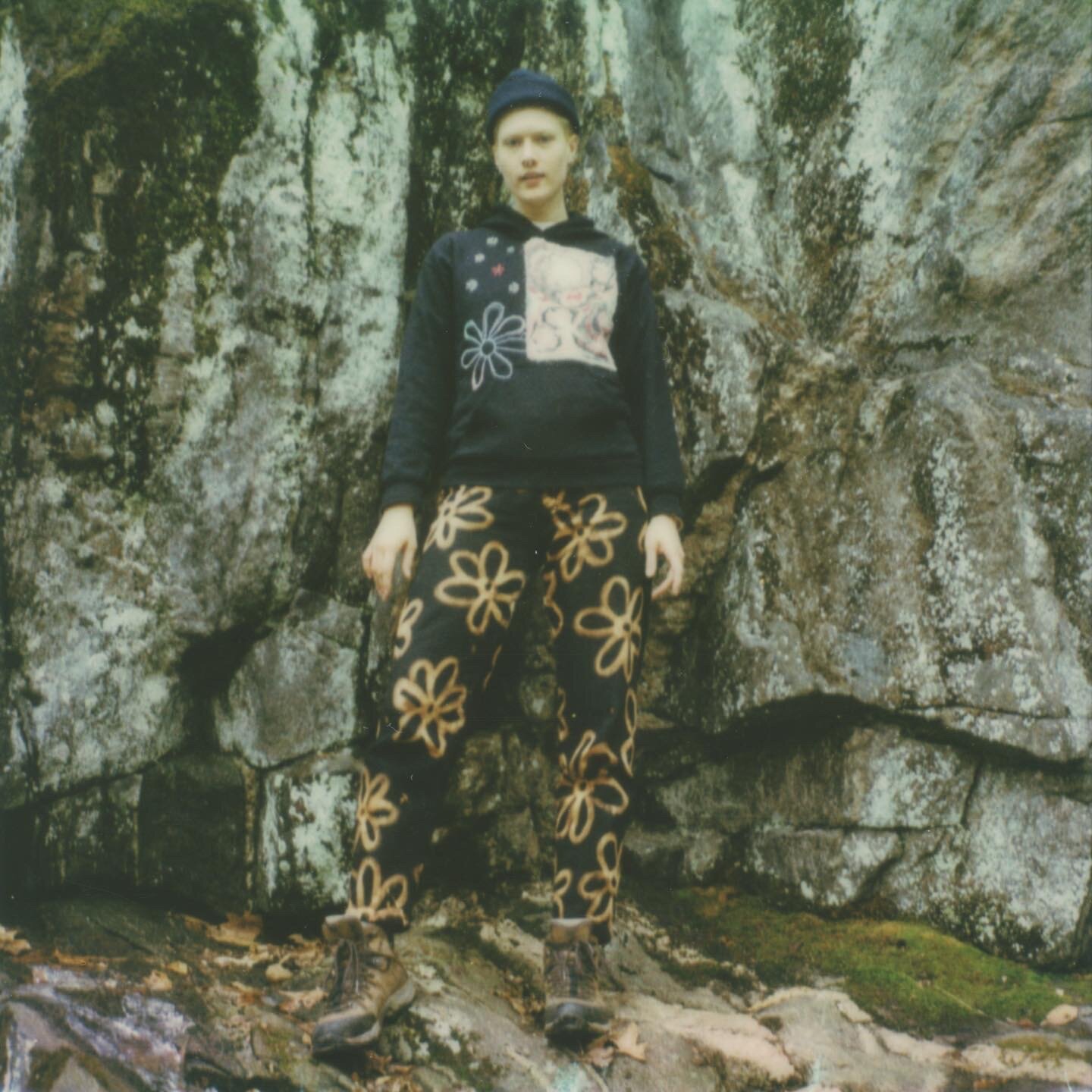 marbled patch handsewn on hoodie with hand embroidered flowers, bleach drawn flower pants