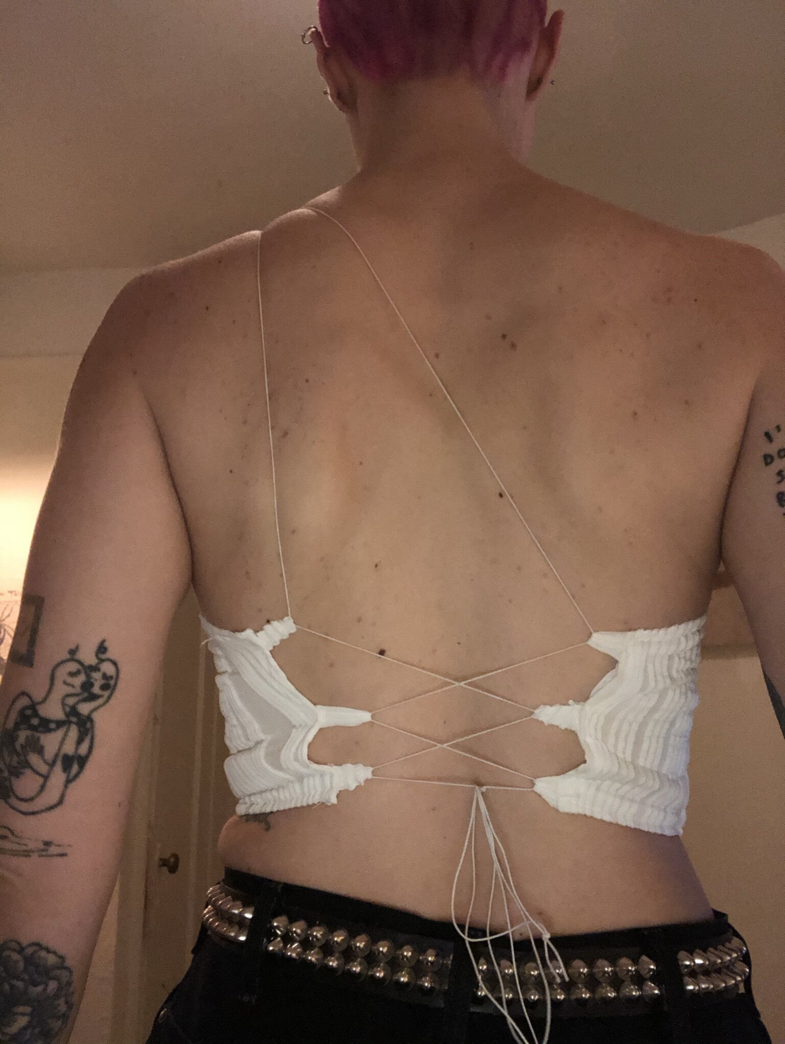 top from scratch, one shoulder with corset back
