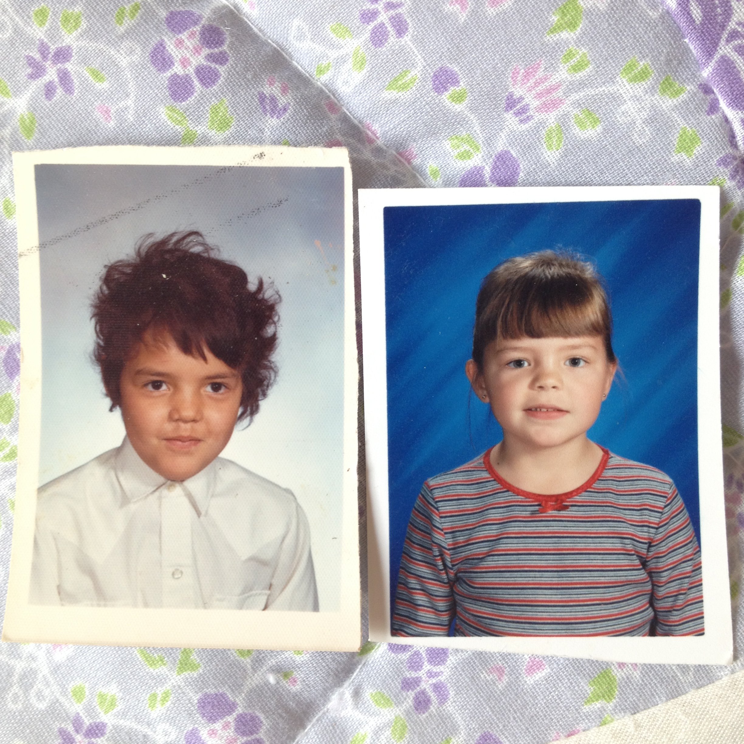 Side by side school photos of my mom and me