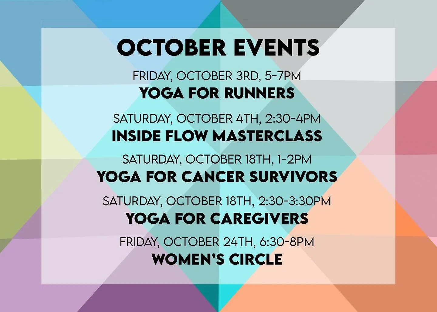 October is filled with great events at Sweet Lotus&mdash;which ones are you signing up for?

Yoga for Runners
Friday, October 3, 5-7 pm
Regular class rate

Inside Flow Masterclass with @dancinbecka 
Saturday, October 4, 2:30-4 pm
Tickets $25

Yoga fo
