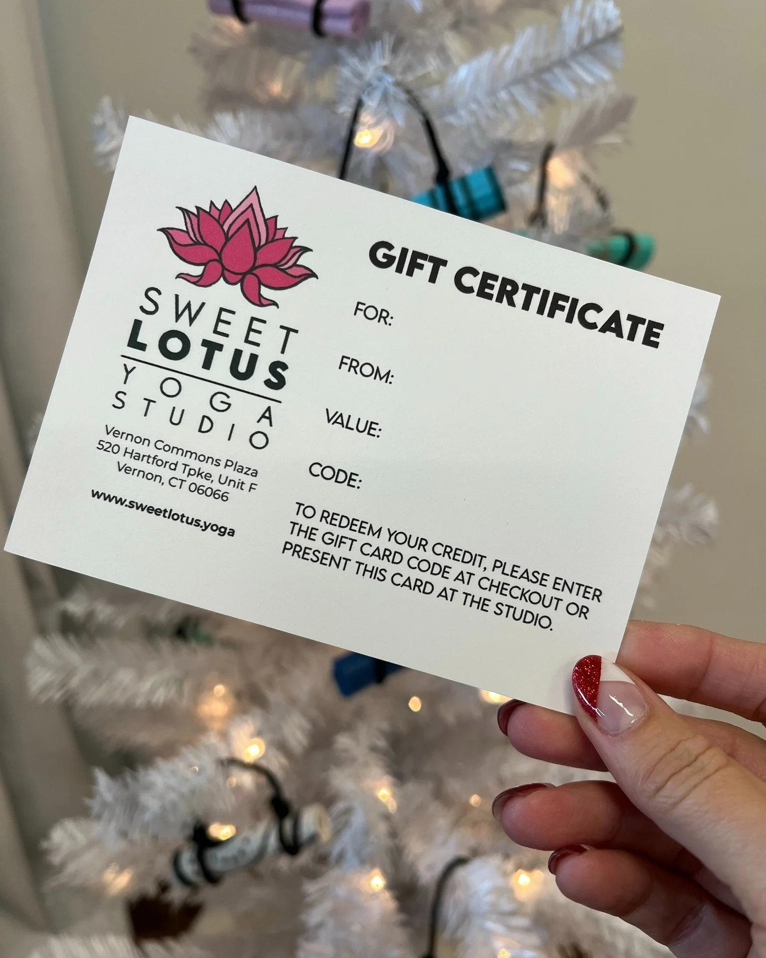 Need a quick and easy gift that fits everyone and that you can buy from the comfort of home? 

Sweet Lotus gift certificates are always the right size and can be purchased at the studio or on our website. You can choose the amount or buy them in set 