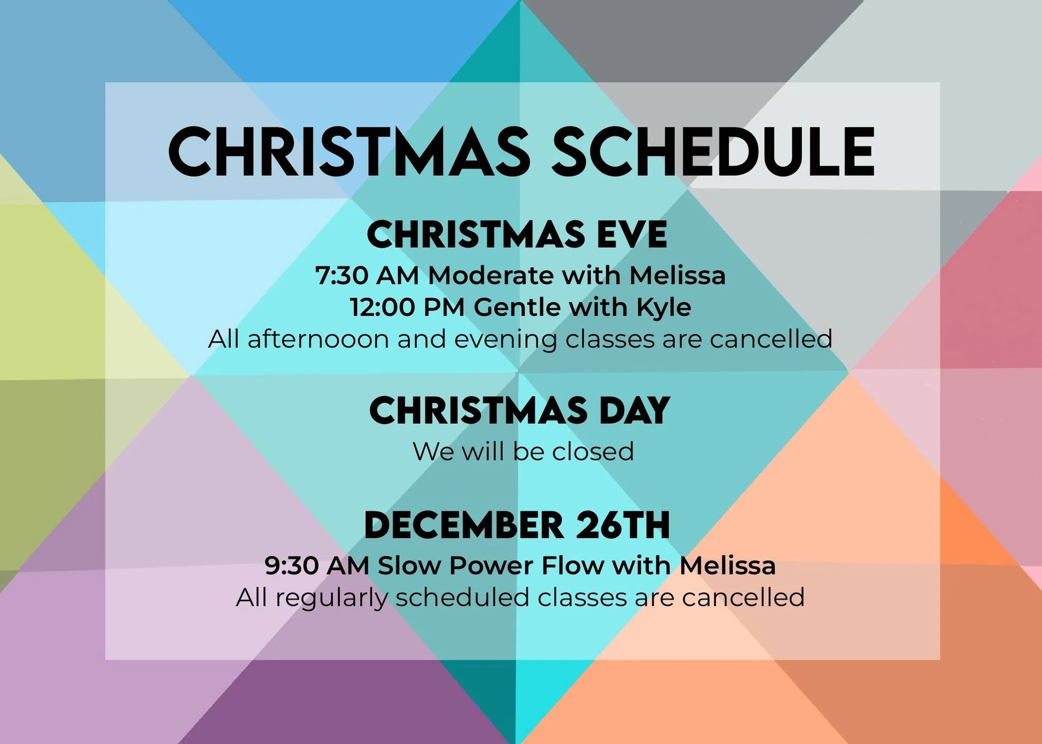 This week we have a few changes to our schedule around the holiday. 🎄 Mark your calendars and be sure to join us either in the studio or at home via Zoom.