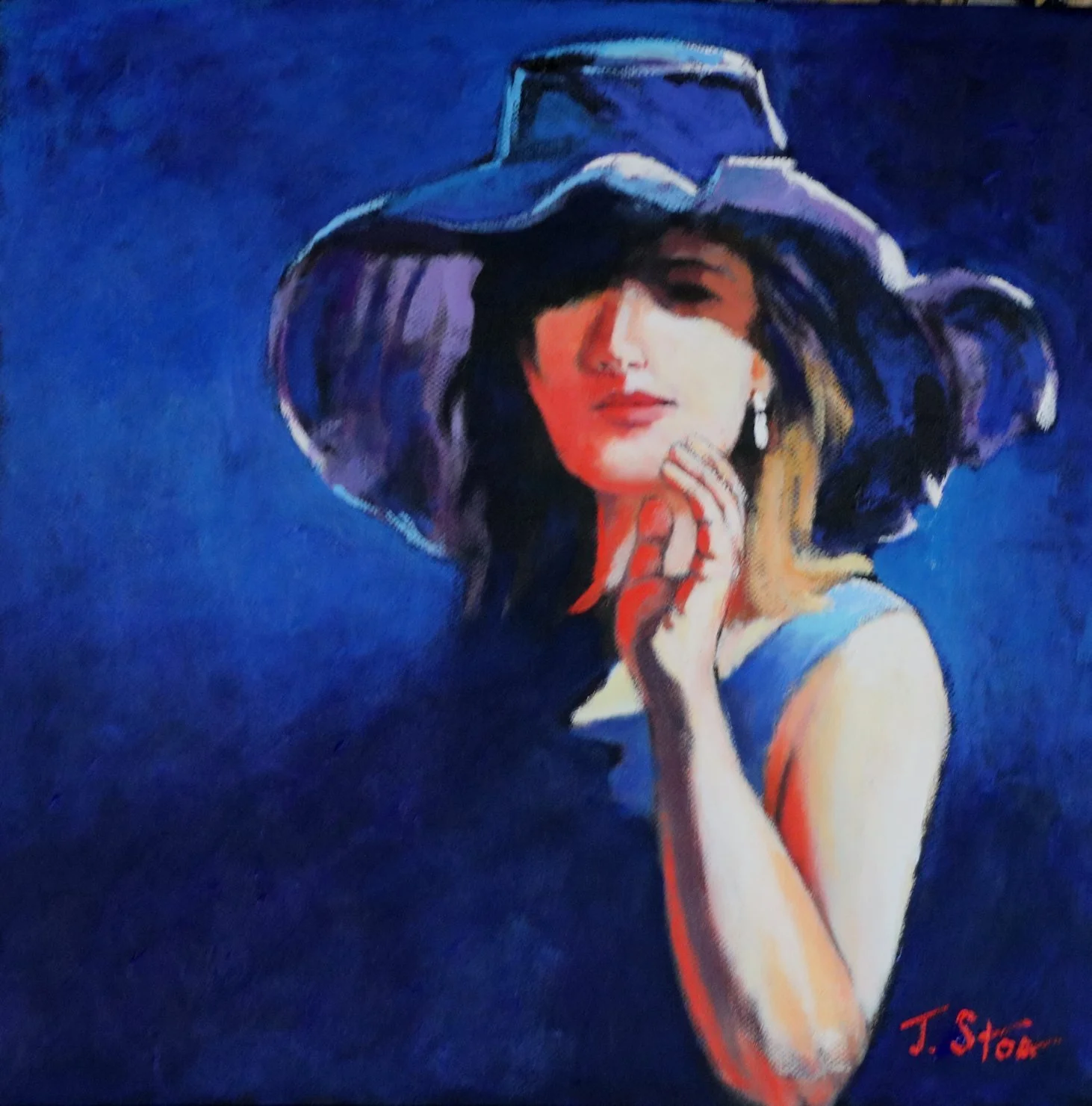 Lady in a black hat acrylic painting on a box canvas