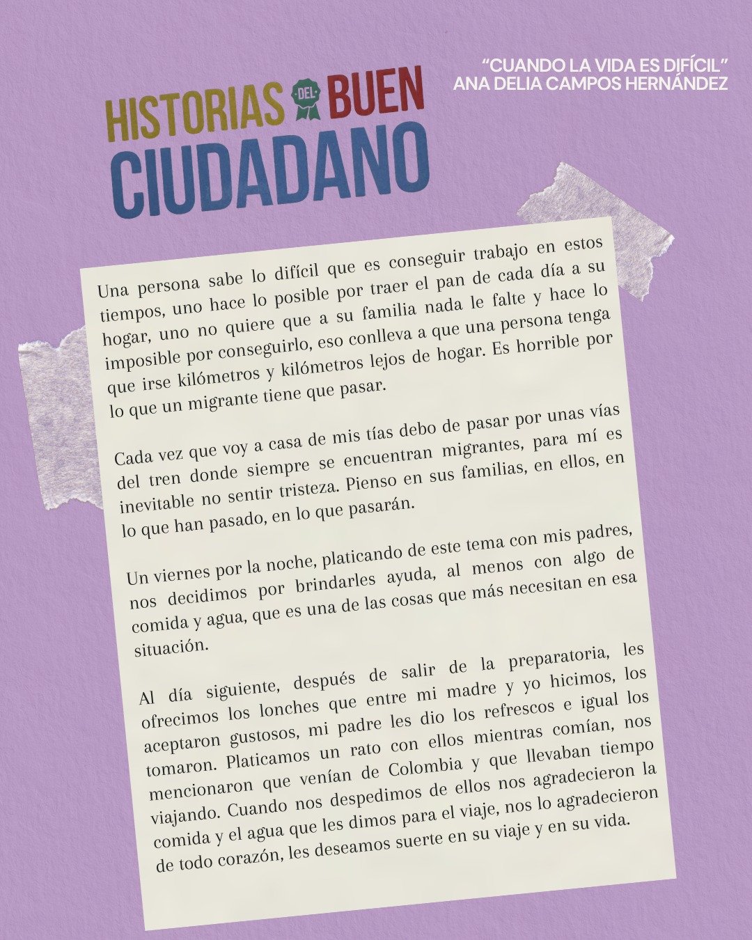 Fragmento de &ldquo;Historias del Buen Ciudadano Volumen 2&rdquo; 📚📝✍🏼

Ana Delia Campos, fue finalista del concurso literario &ldquo;Historias del Buen Ciudadano, 2016&rdquo;, en el cual su relato &ldquo;Cuando la vida es dif&iacute;cil&rdquo; no