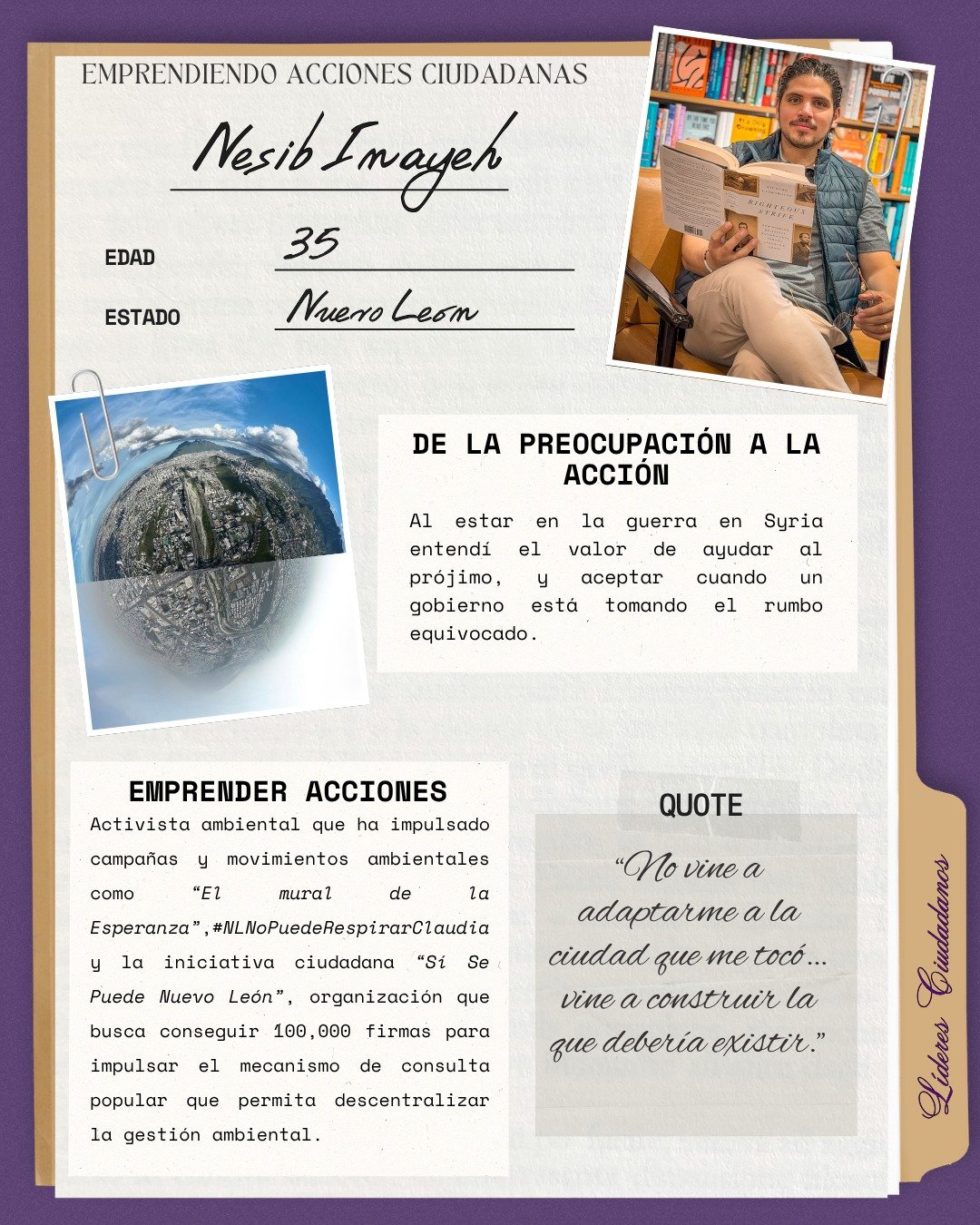 Emprendiendo acciones ciudadanas 👩🏽&zwj;🔧🧑🏻&zwj;🚀👩🏼&zwj;🎨🧑🏼&zwj;✈️👩🏻&zwj;⚖️

Nesib Inayeh🌱, es un l&iacute;der ciudadano que ha transformado preocupaciones sociales en acciones concretas. 

Nesib nos invita a construir la ciudad juntos,