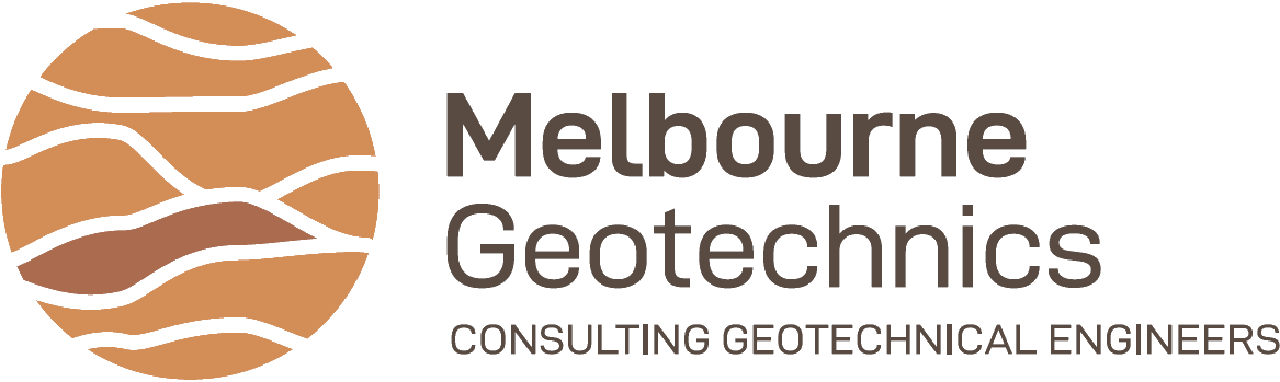 Logo of Melbourne Geotechnics featuring an orange and black circular graphic resembling layers of soil or rock, with the company name and the tagline 'Consulting Geotechnical Engineers'.