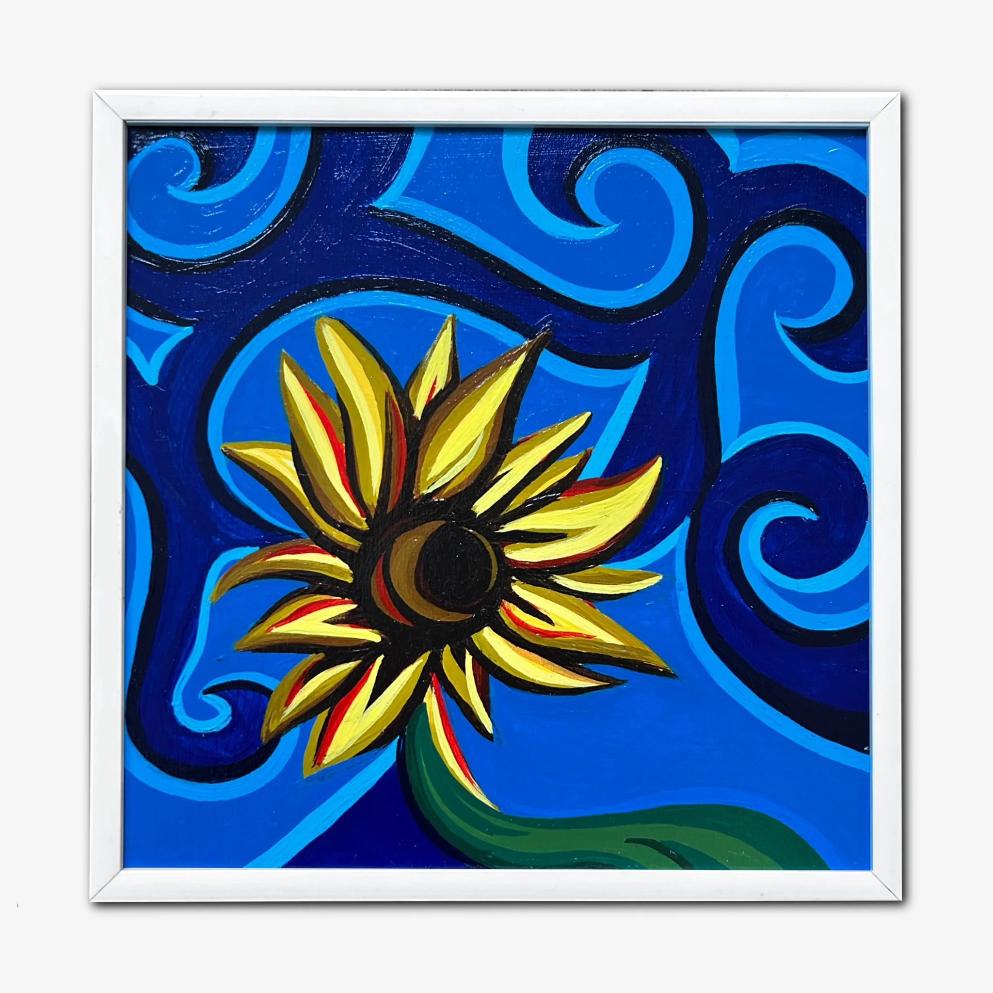 Sunflower in Blue – Framed Original Expressionist Artwork (8×8 in)