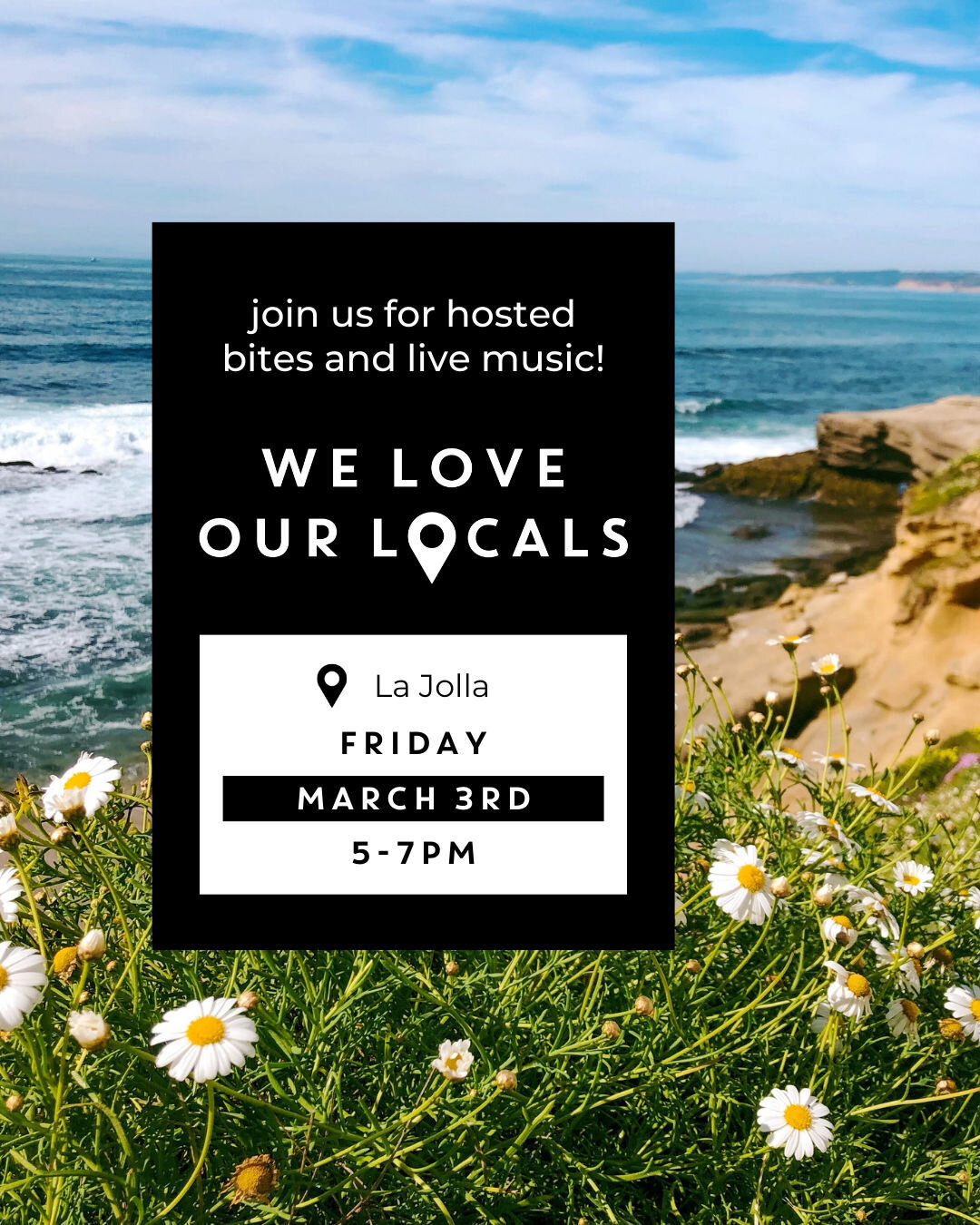Next Friday night is Locals Night in La Jolla!

Come enjoy live music and hosted graze boards and bites (while they last!)..

Don't forget, Social Club members will receive a complimentary glass of Social Club Ros&eacute;!

DETAILS:
When: March 3rd, 