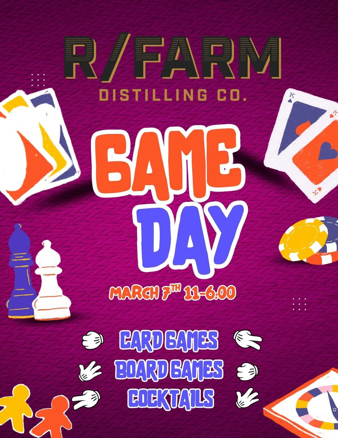 A fun day of board games and cocktails! Come relax out at R/Farm Distillery with friends and play board games and card games. There will be a variety of games to choose from, or you can bring your own favorite game! This event will be going on all da