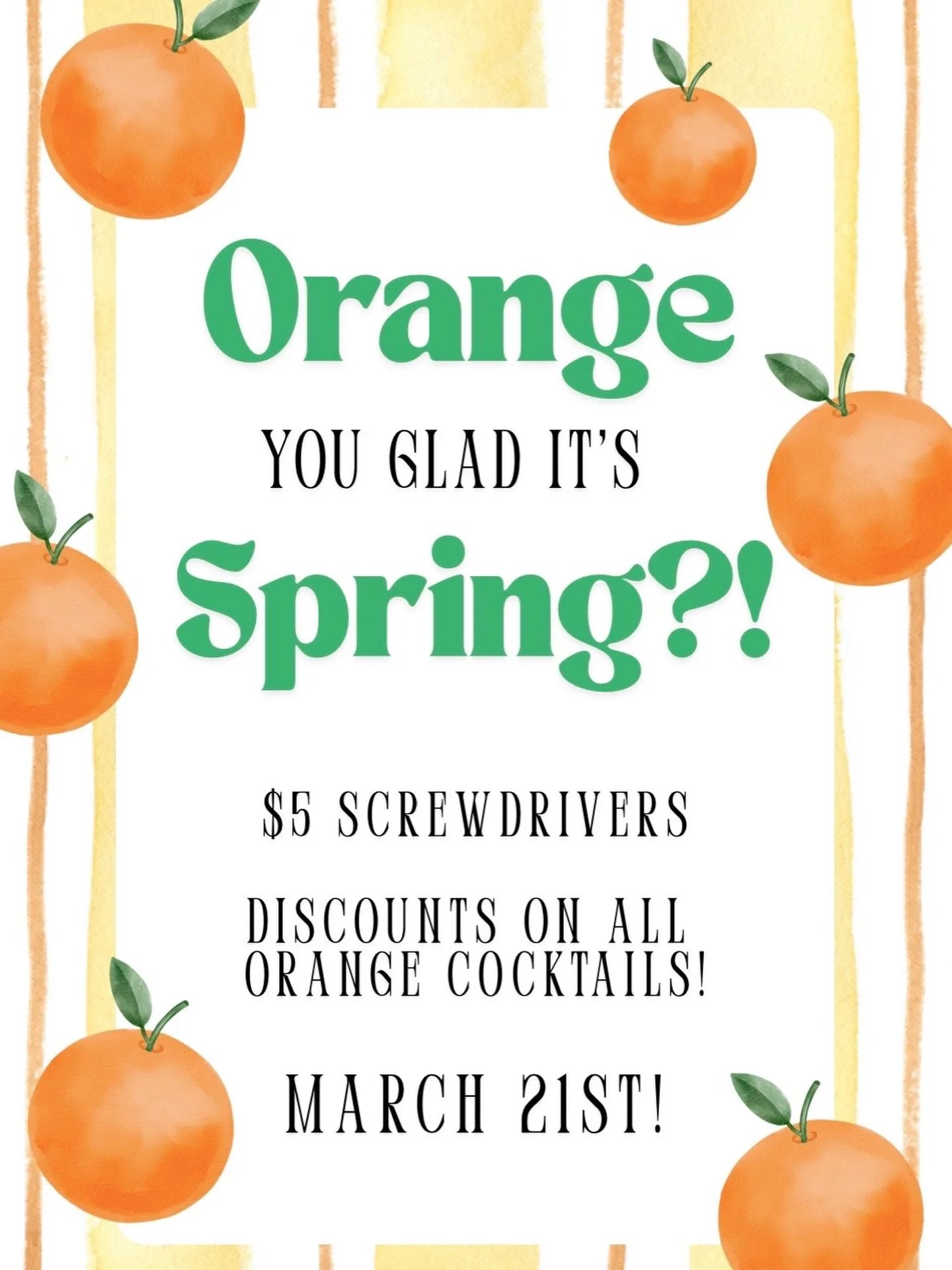 Tomorrow - Saturday, March 21st! Come and drink alll the orange drinks for a discount! It will be a beautiful day to sit in or outside and enjoy the view on the hill!