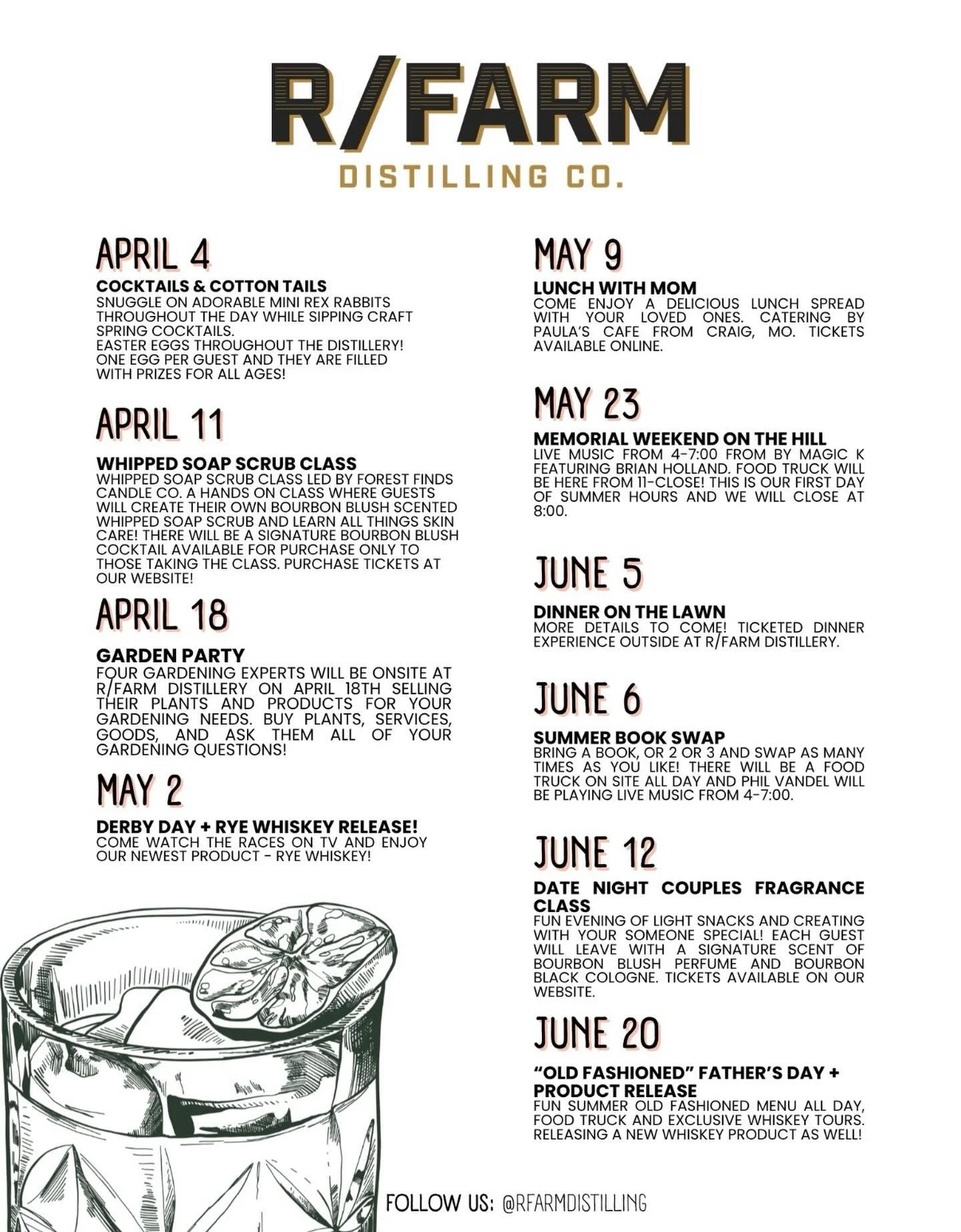 All our upcoming spring/summer events! Make plans to come see us at the farm! Cheers! ☀️🚜🥃