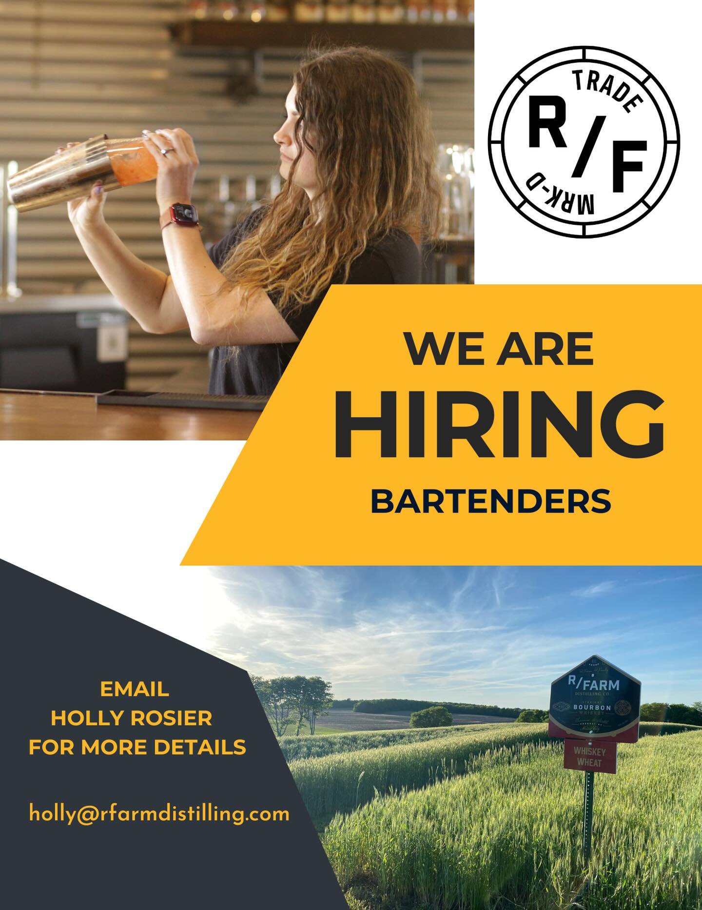 Come work for R/Farm! We are currently hiring bartenders on Whiskey Hill! Come enjoy great pay, flexible work hours, and a great atmosphere to work in. Email us with your details to apply.