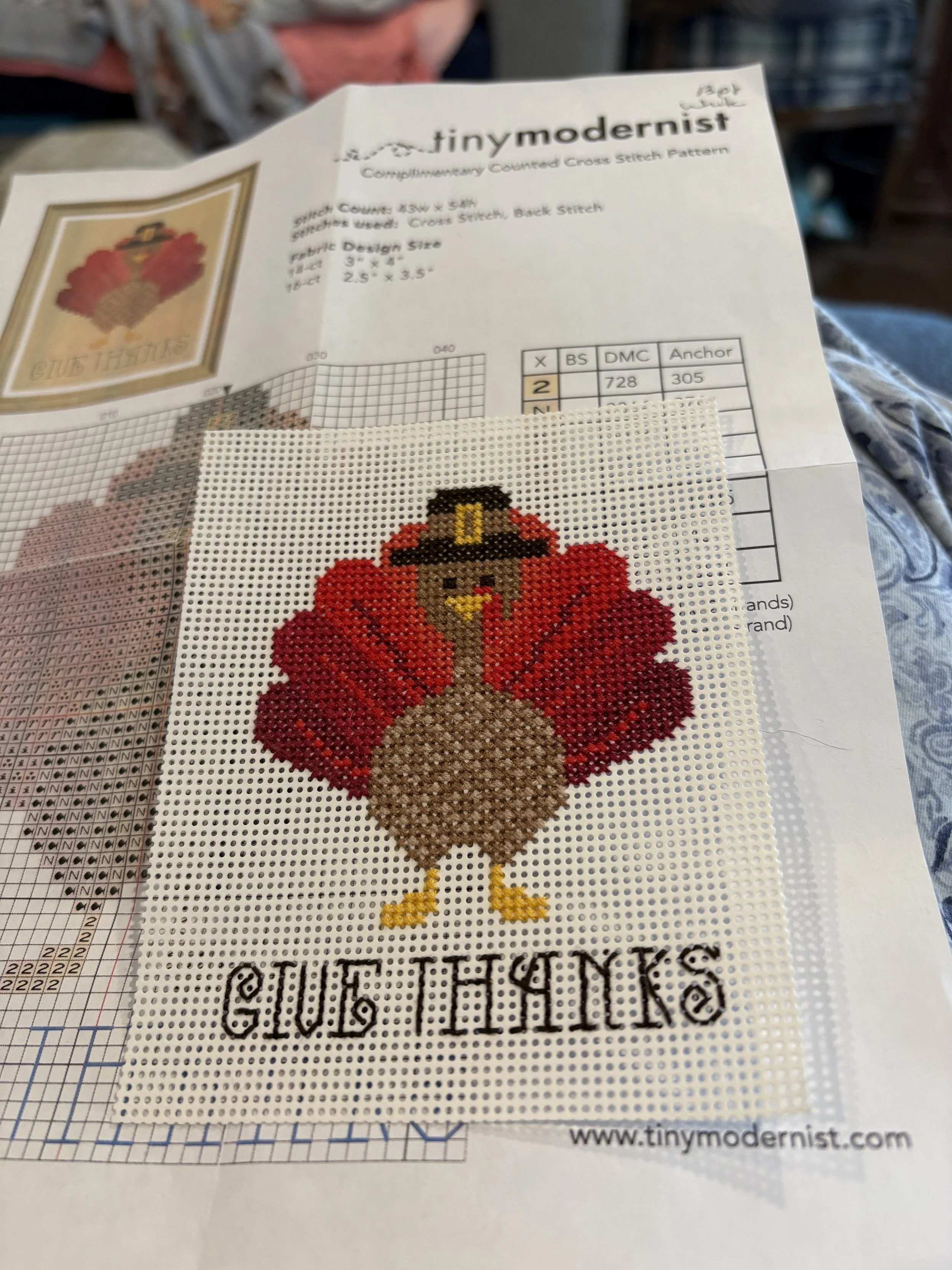 A cross stitch of a colorful turkey with the words 'Give Thanks'
