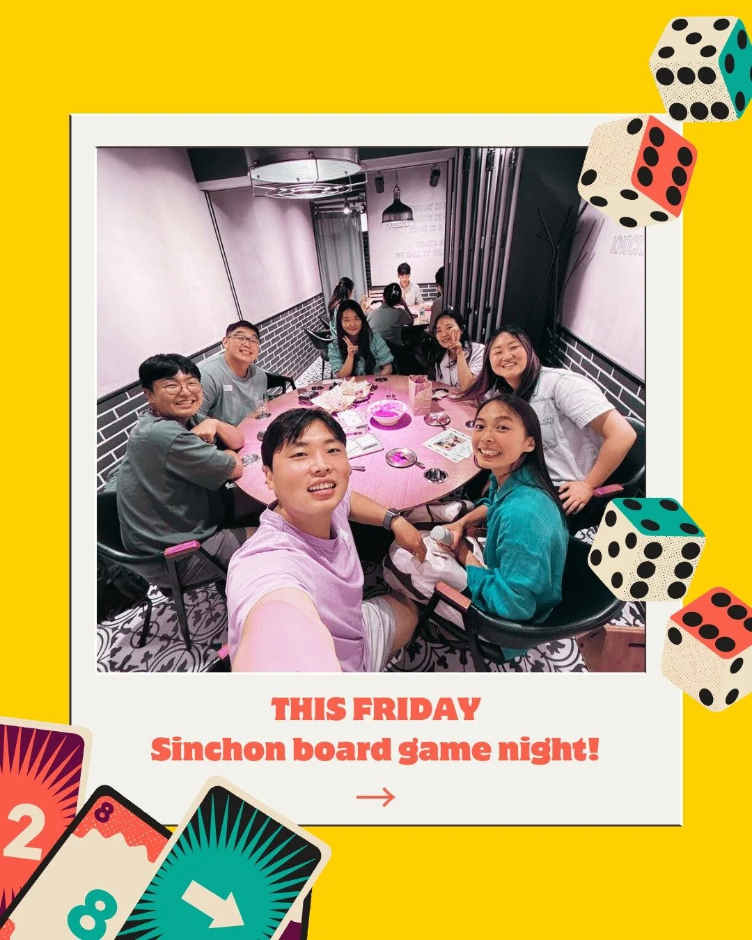 ✨🎲 English Conversation Corner with Board Games in Sinchon ✨🎲

Come join us this Friday at 7:30PM for a night of board games + English conversation! 🗣️💬

📍 Red Button - Sinchon (8 Yonsei-ro 3rd Floor Seodaemun-gu, Seoul)
🕖 Friday, 7:30 PM
🎲 Bo