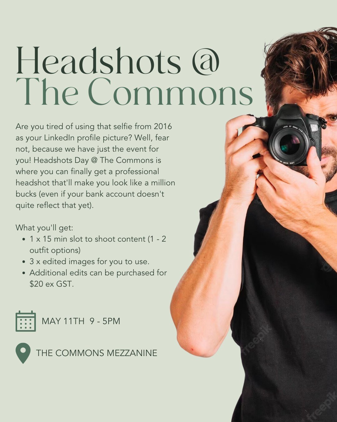 Tired of using outdated selfies for your LinkedIn profile? 😕🫣⁠
⁠
It's time to put your best face forward. Your personal brand deserves it. ⁠
⁠
Join us for our Headshots Day and get a professional headshot that'll make you look like a million bucks!