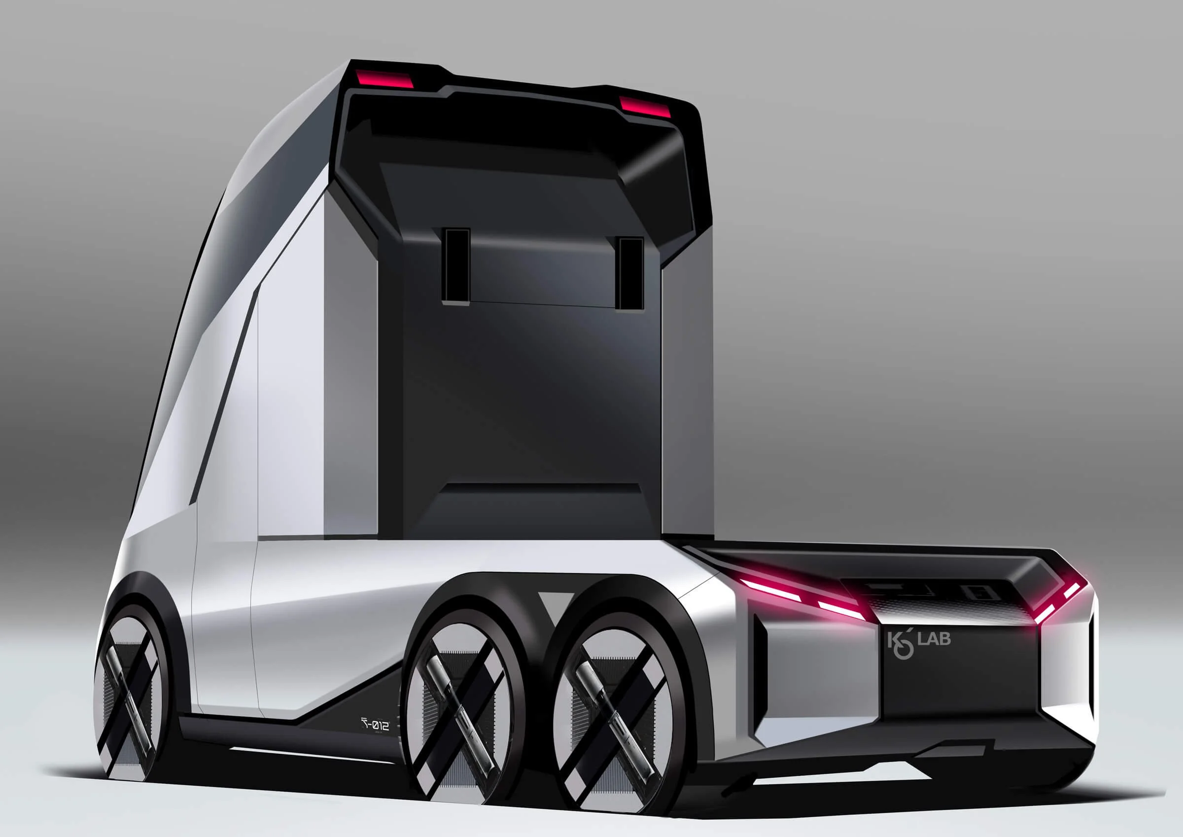 Futuristic autonomous delivery robot with a sleek, white and black exterior, three large wheels, and red accent lights.