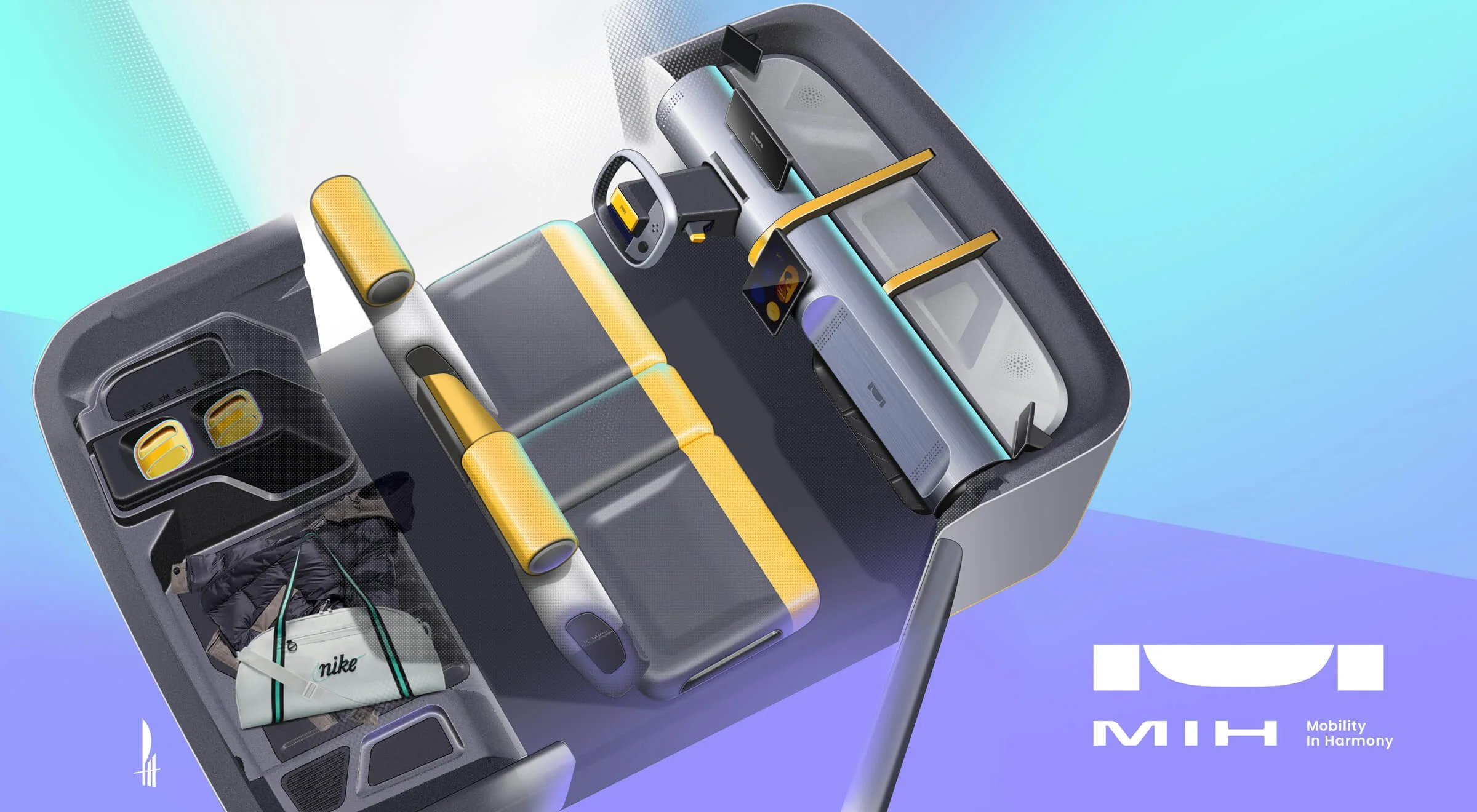 Futuristic transportation interior with seats, digital displays, and electronic devices, labeled 'MIH' and 'Mobility In Harmony' in the corner.