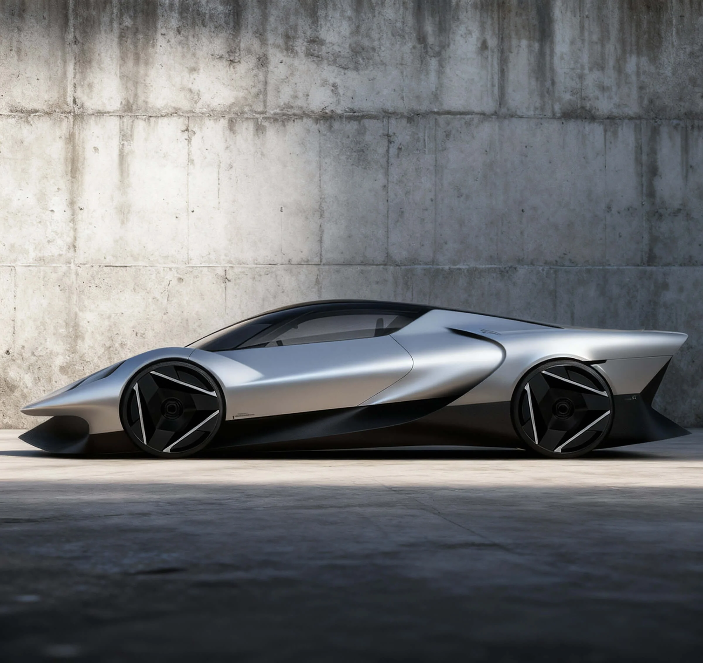 A futuristic silver concept car with sleek, aerodynamic design and large black wheels is parked against a concrete wall.