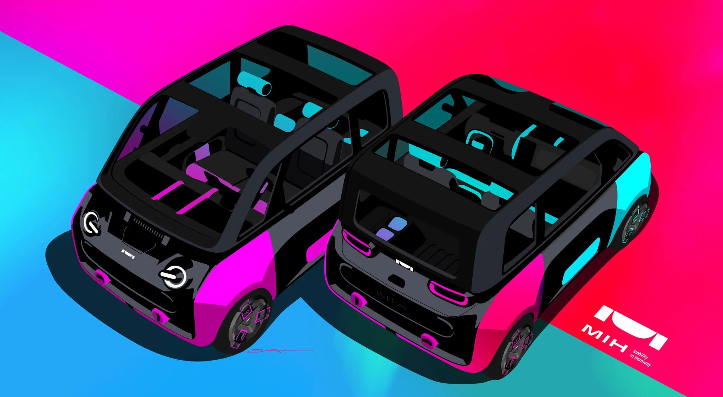 Two small, colorful electric cars with open roofs, showcasing their interior design, set against a vibrant gradient background of pink, purple, and blue, with the MIH logo and slogan "Mobility in Harmony" in the bottom right corner.