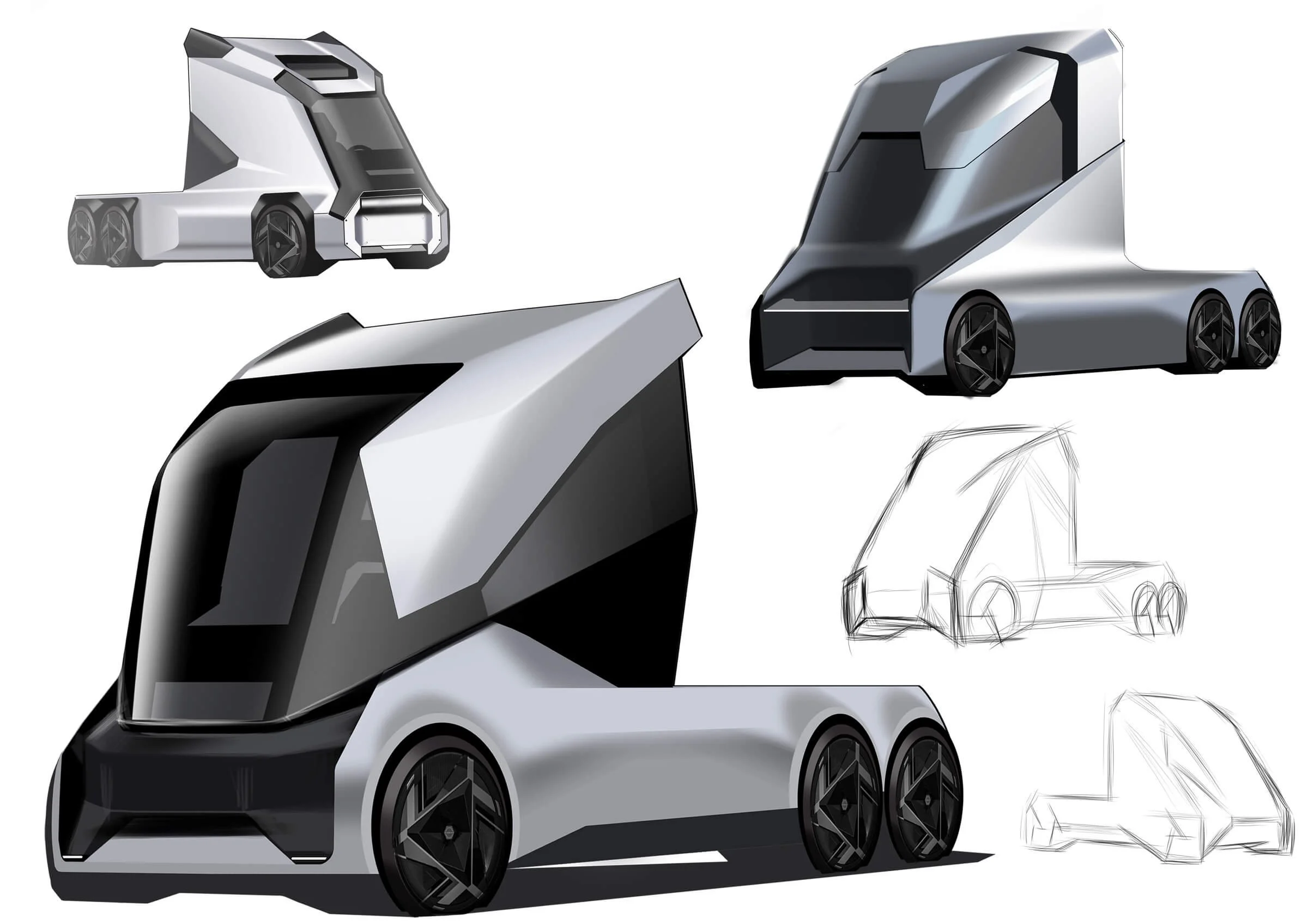 Concept art and sketches of a futuristic autonomous vehicle with a sleek, aerodynamic design and multiple wheels.