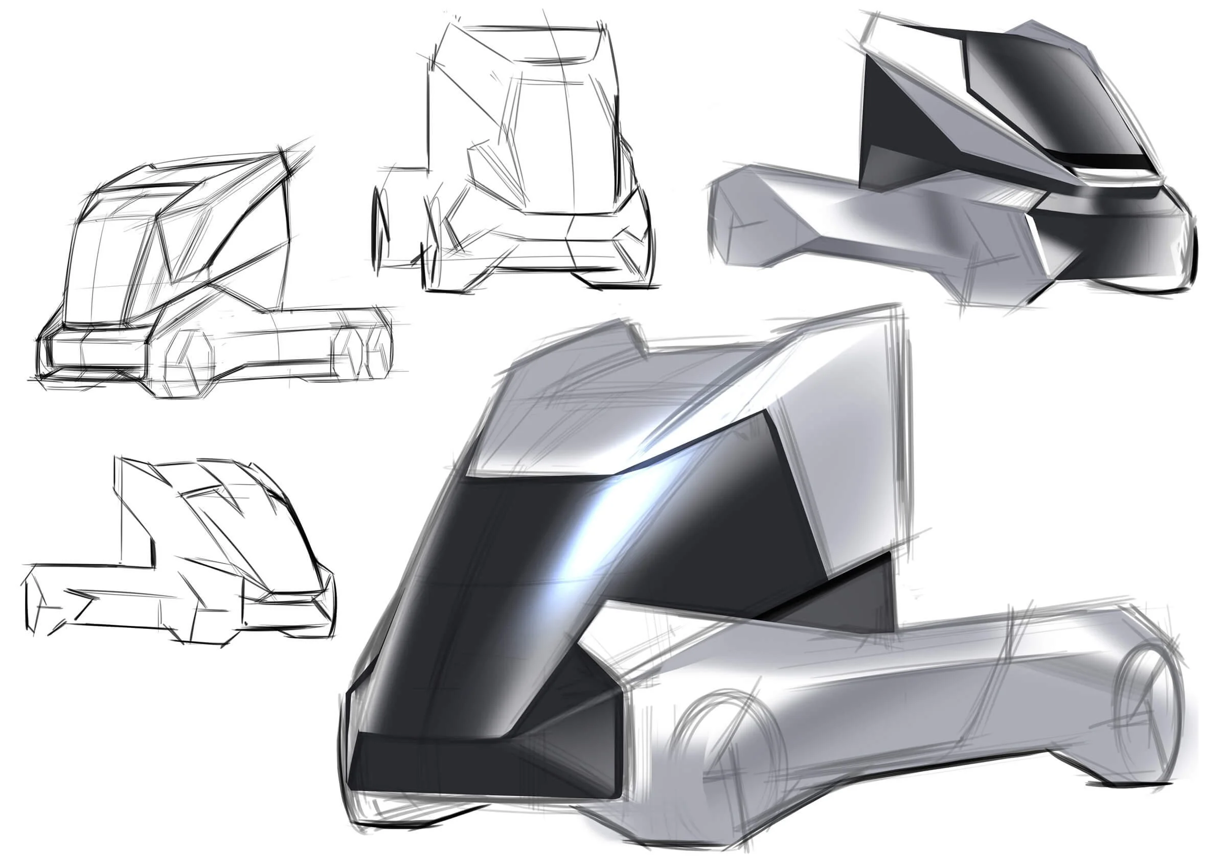 Design sketches and 3D renderings of a futuristic, sleek autonomous vehicle with a streamlined body and aerodynamic features.
