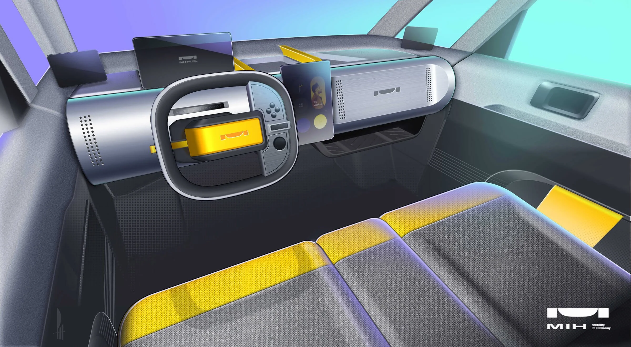Futuristic vehicle interior featuring a digital dashboard, yellow accents on the dashboard and seats, and a sleek, minimalist design.
