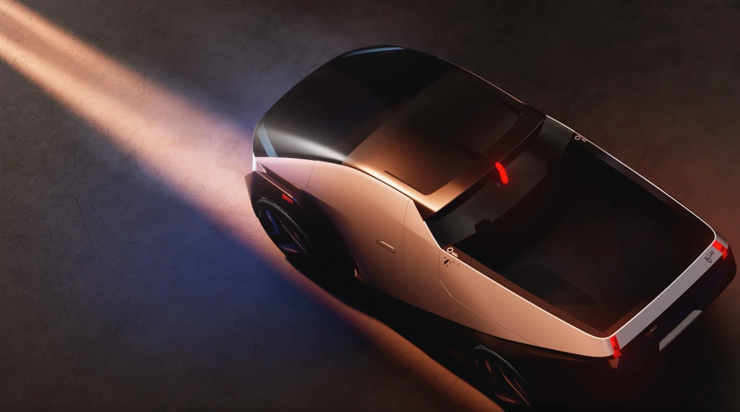 A futuristic car with a sleek design, viewed from above in a dimly lit environment with a beam of light highlighting its metallic surface.