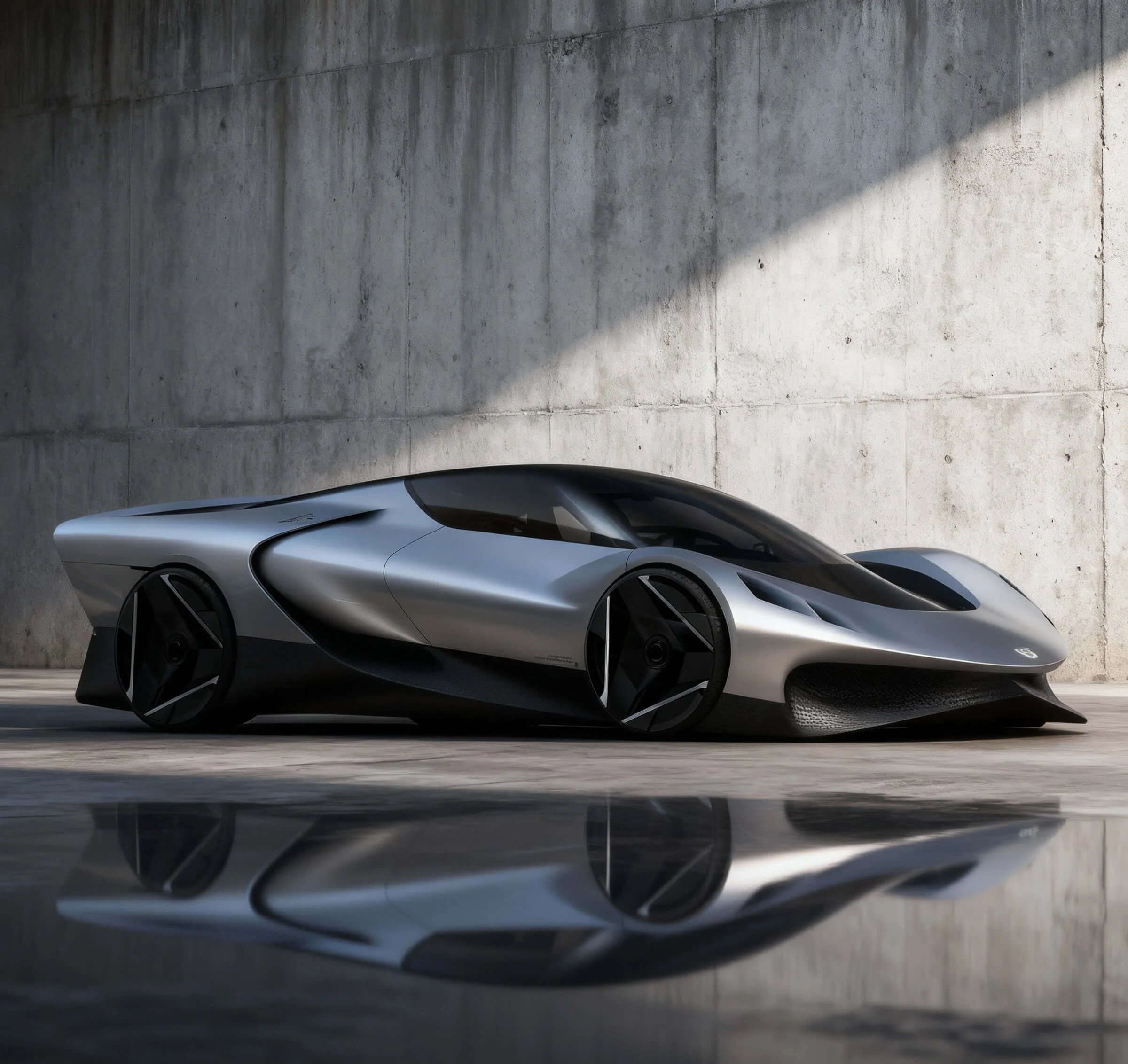 A sleek, futuristic silver sports car with black accents, parked against a concrete wall, with its reflection visible on the ground.
