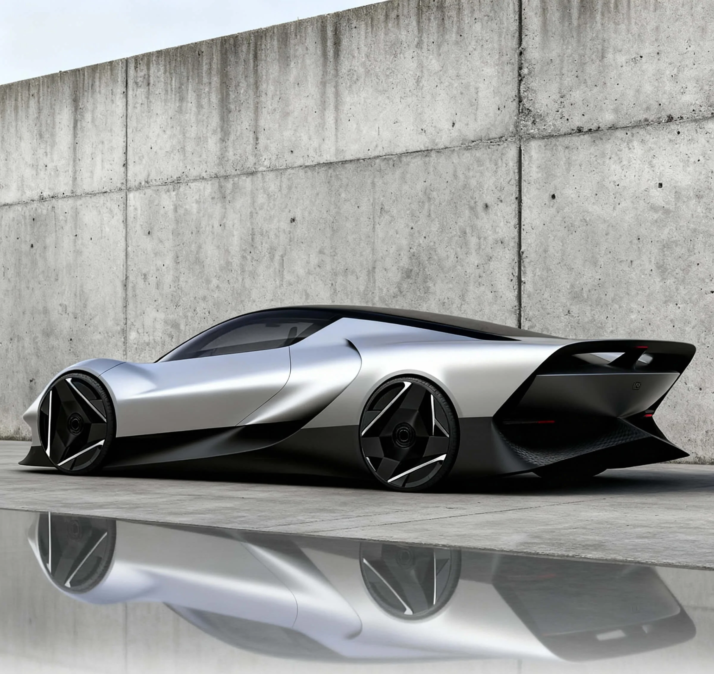 A sleek, futuristic silver and black concept sports car with aerodynamic design, parked against a concrete wall, with its reflection visible on the ground.