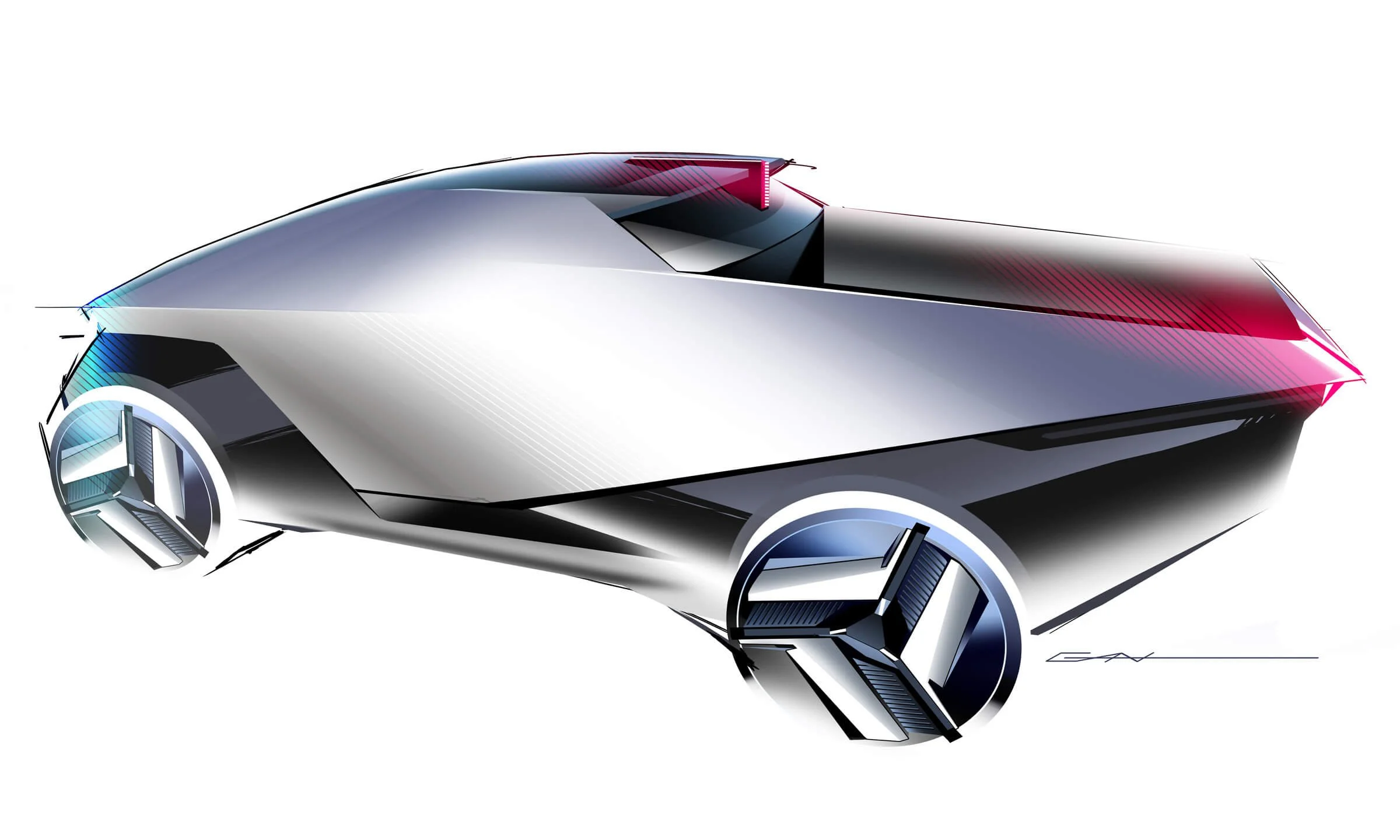 A futuristic concept car with sleek silver and black body, large wheels with silver rims, and tinted windows in a sketch style.