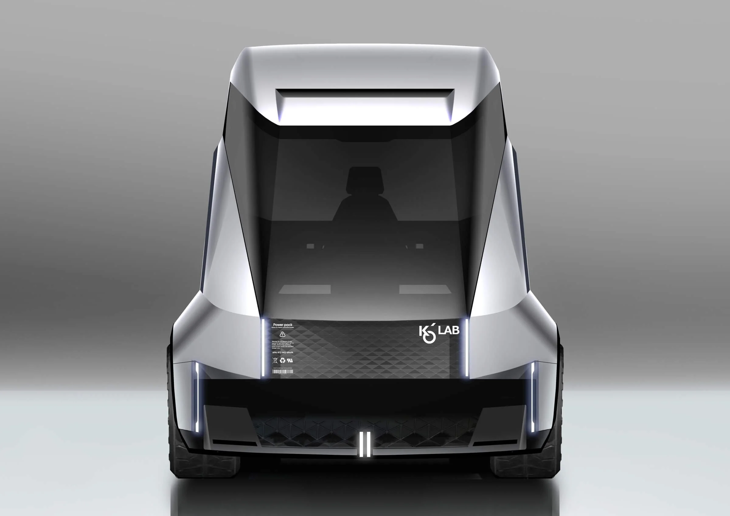 Front view of a futuristic silver and black concept vehicle with a sleek, angular design and LED accent lighting.