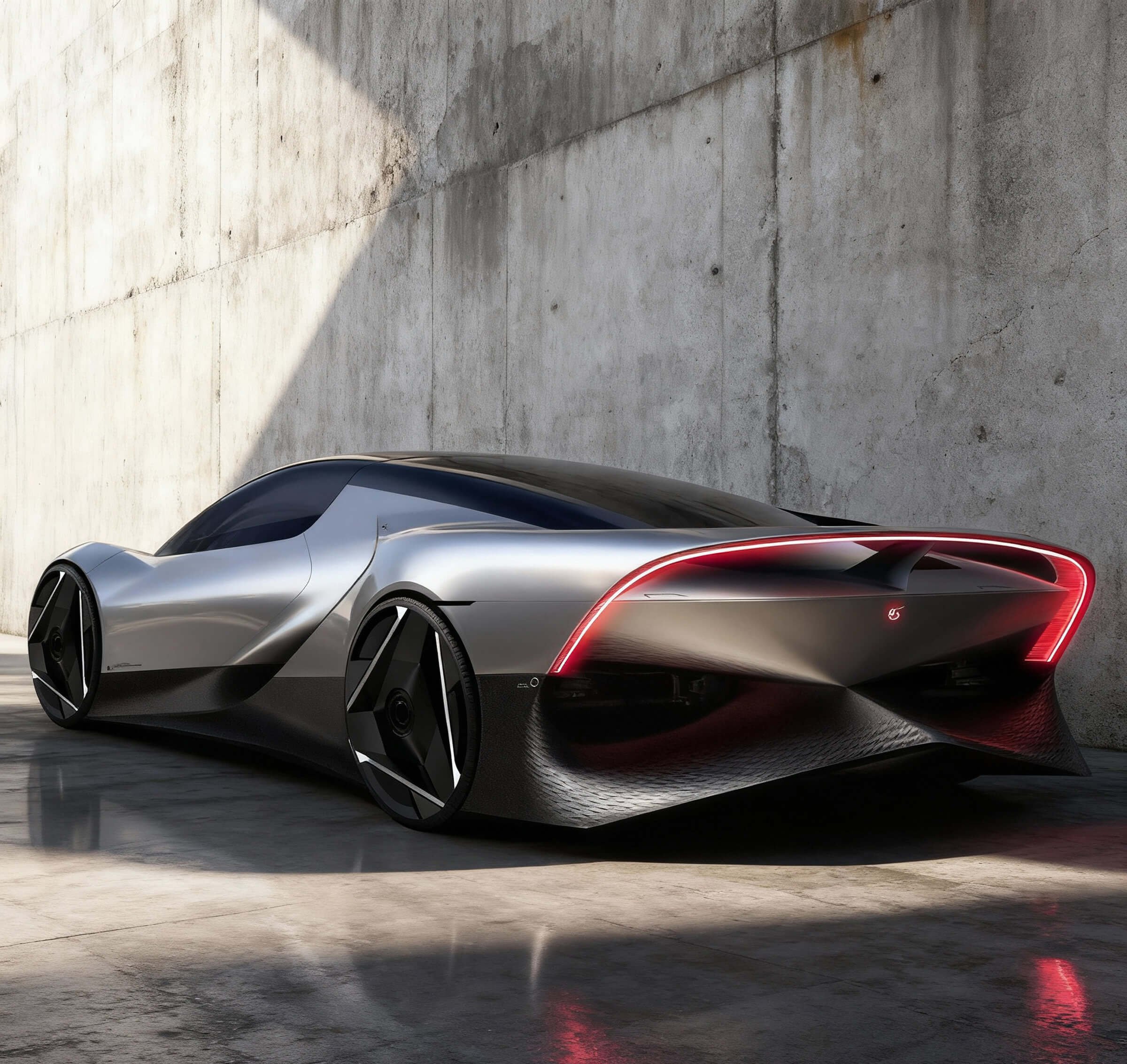 A sleek, futuristic silver and black concept sports car with aerodynamic curves and large black wheels, parked on a concrete surface against a plain concrete wall, with a shadow cast over part of the wall.