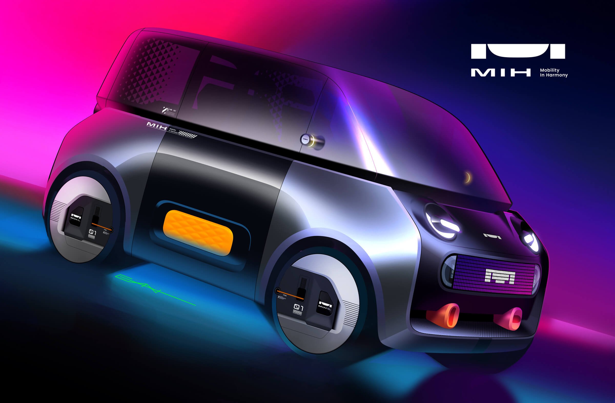 Futuristic concept of a small, sleek, self-driving electric vehicle with glowing lights and a vibrant, colorful background.