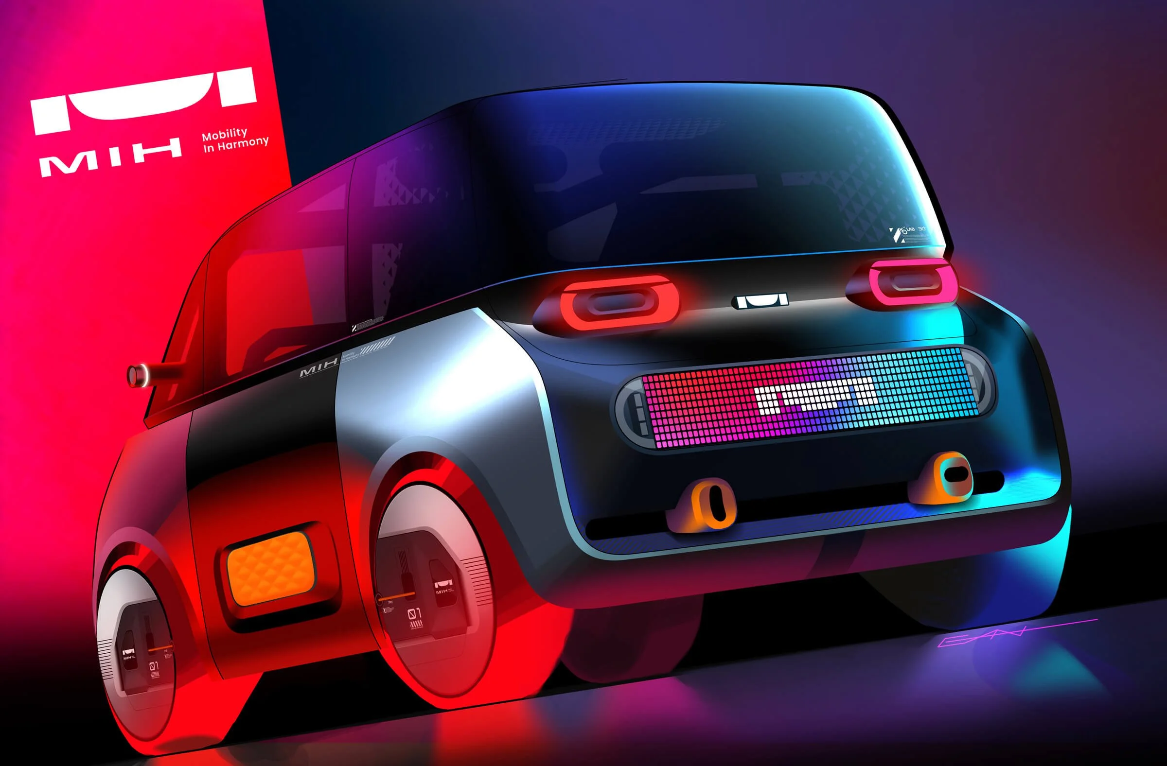 A futuristic concept car with sleek black and silver body, illuminated red and blue accents, and a digital pattern on the front grille, positioned in front of a pink and purple background with a MIH logo and slogan 'Mobility in Harmony'.