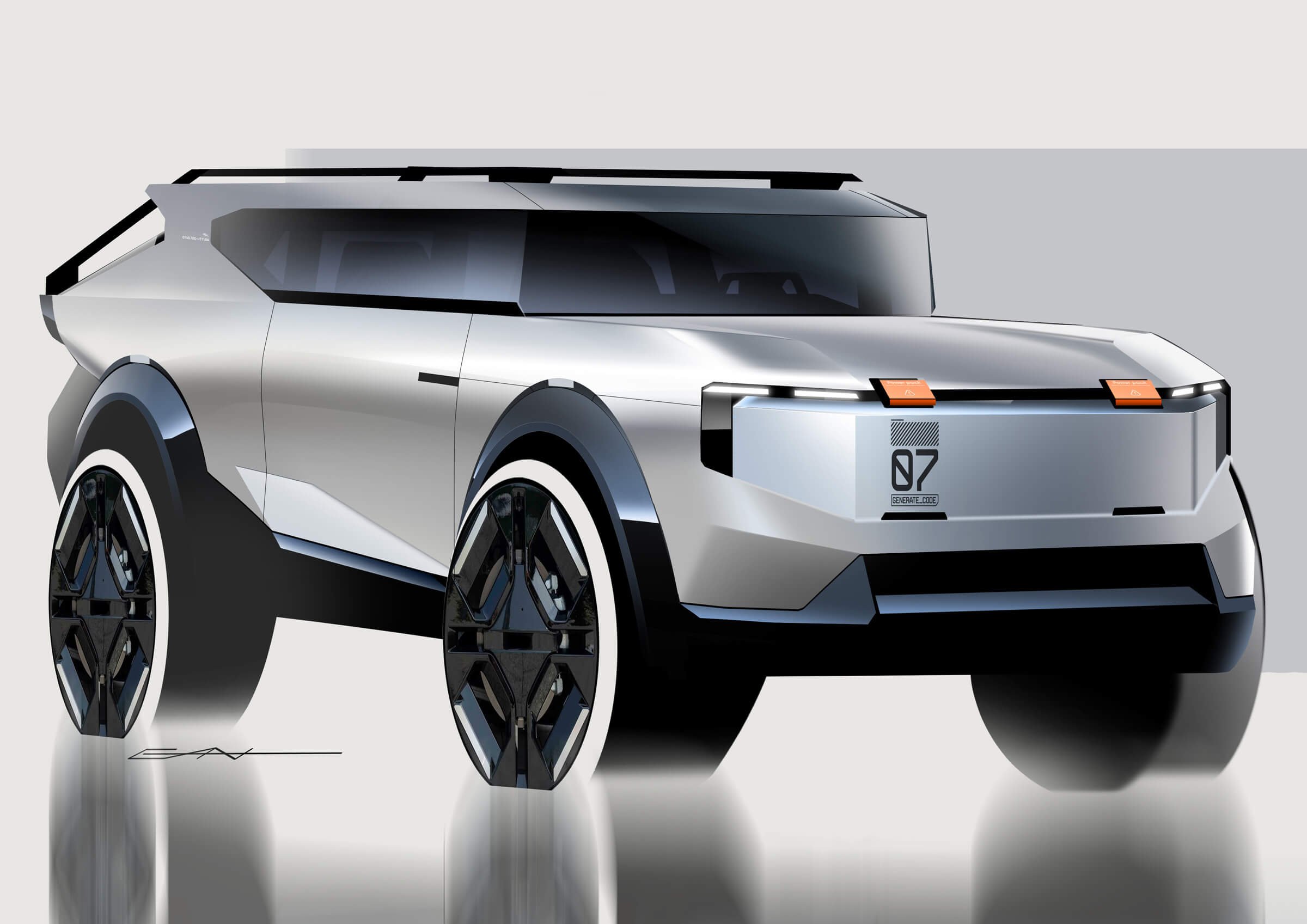 Futuristic concept electric SUV with a sleek silver design, large black and silver wheels, and minimalistic features, set against a neutral background.